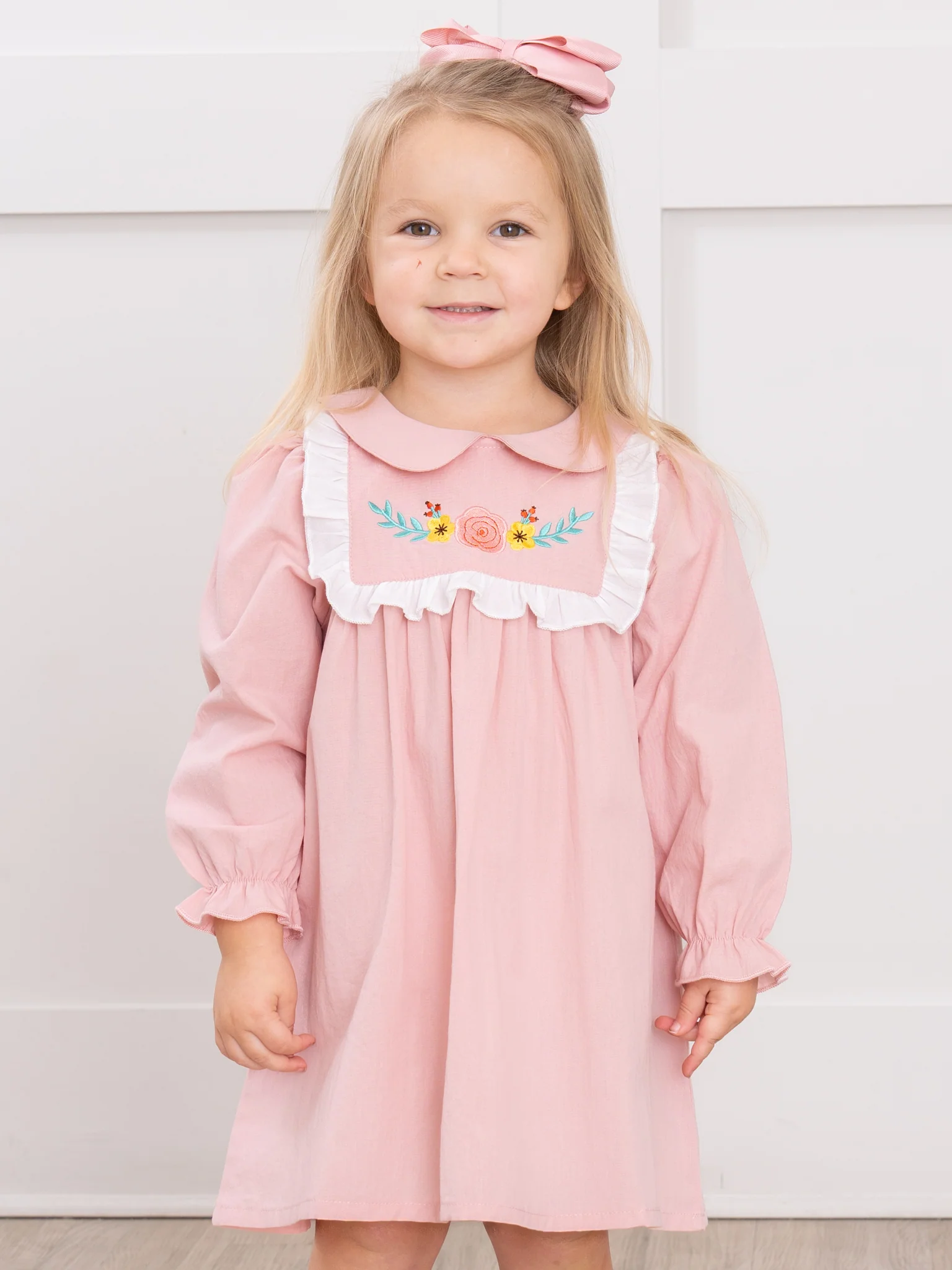 Flower & Leaf Embroidered Collar Cotton Dress