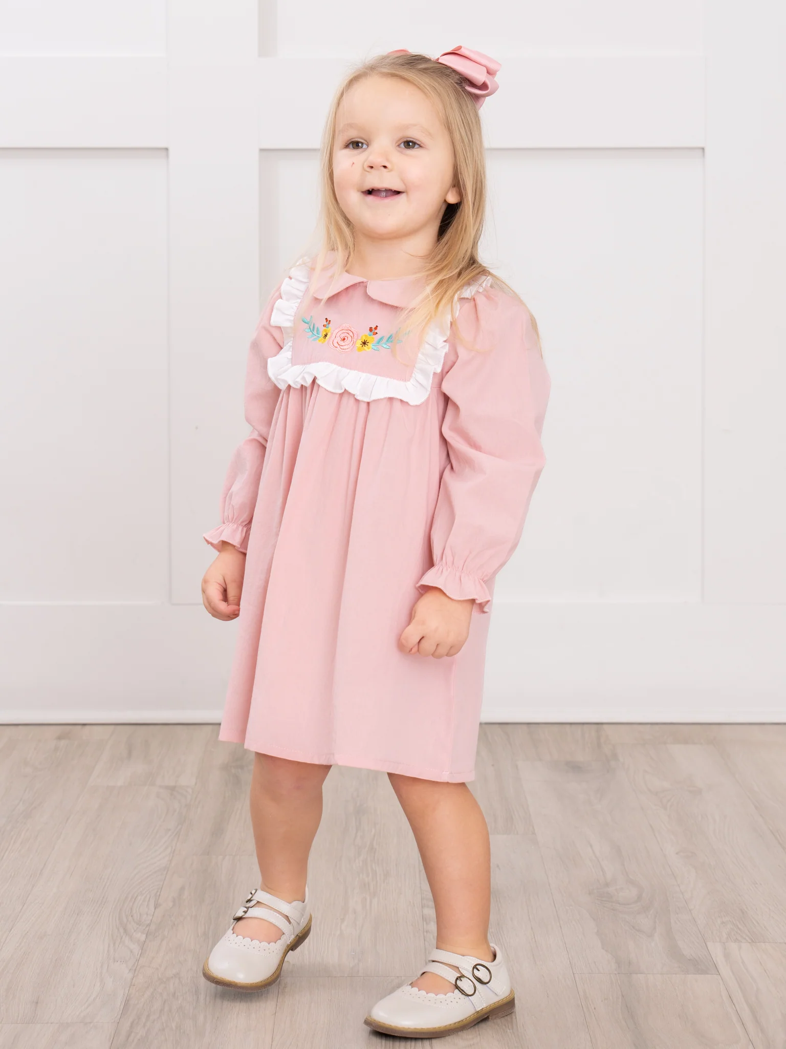Flower & Leaf Embroidered Collar Cotton Dress - Image 3