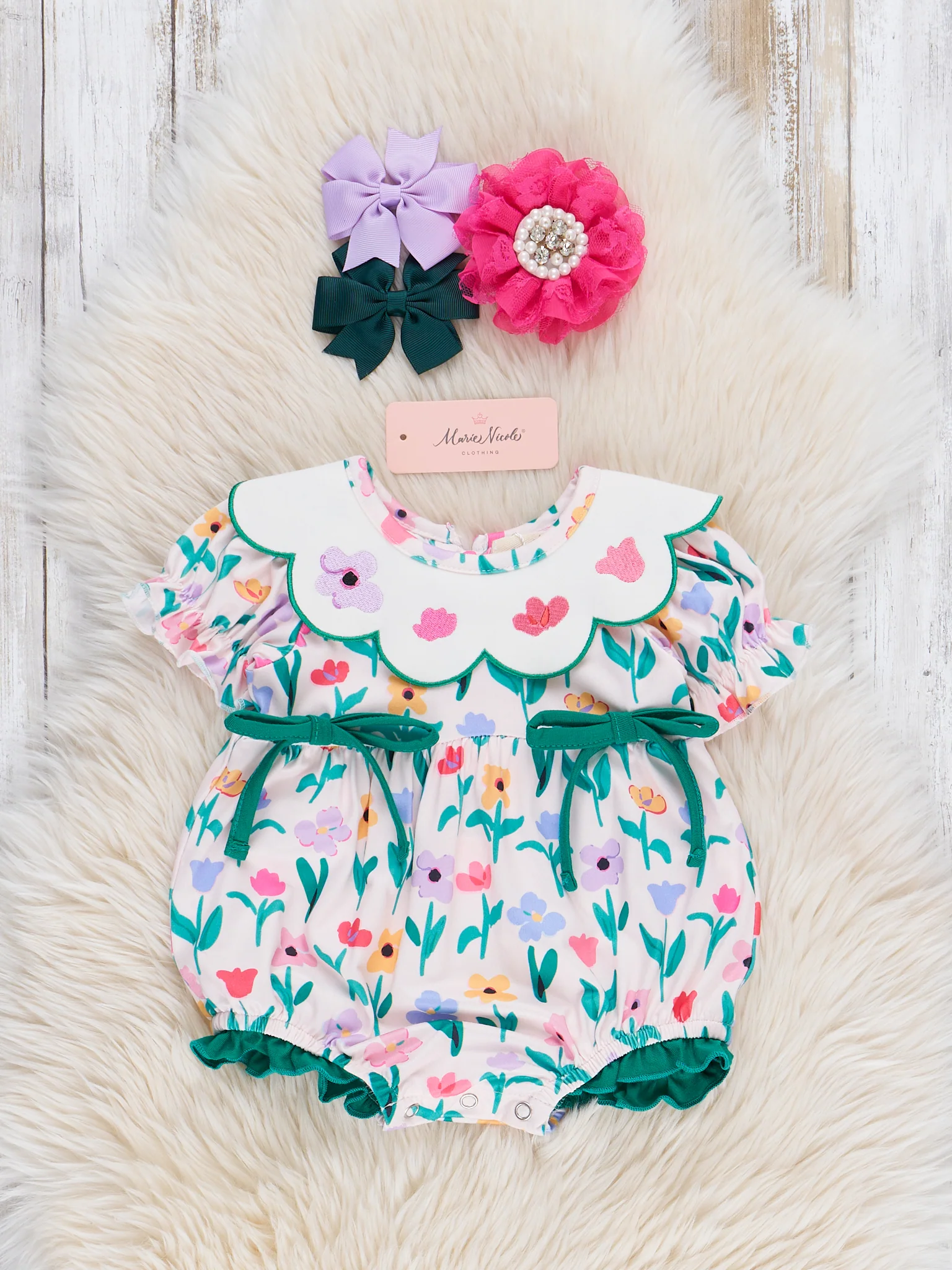 Flower Picking Embroidered Ruffle Bubble Romper
