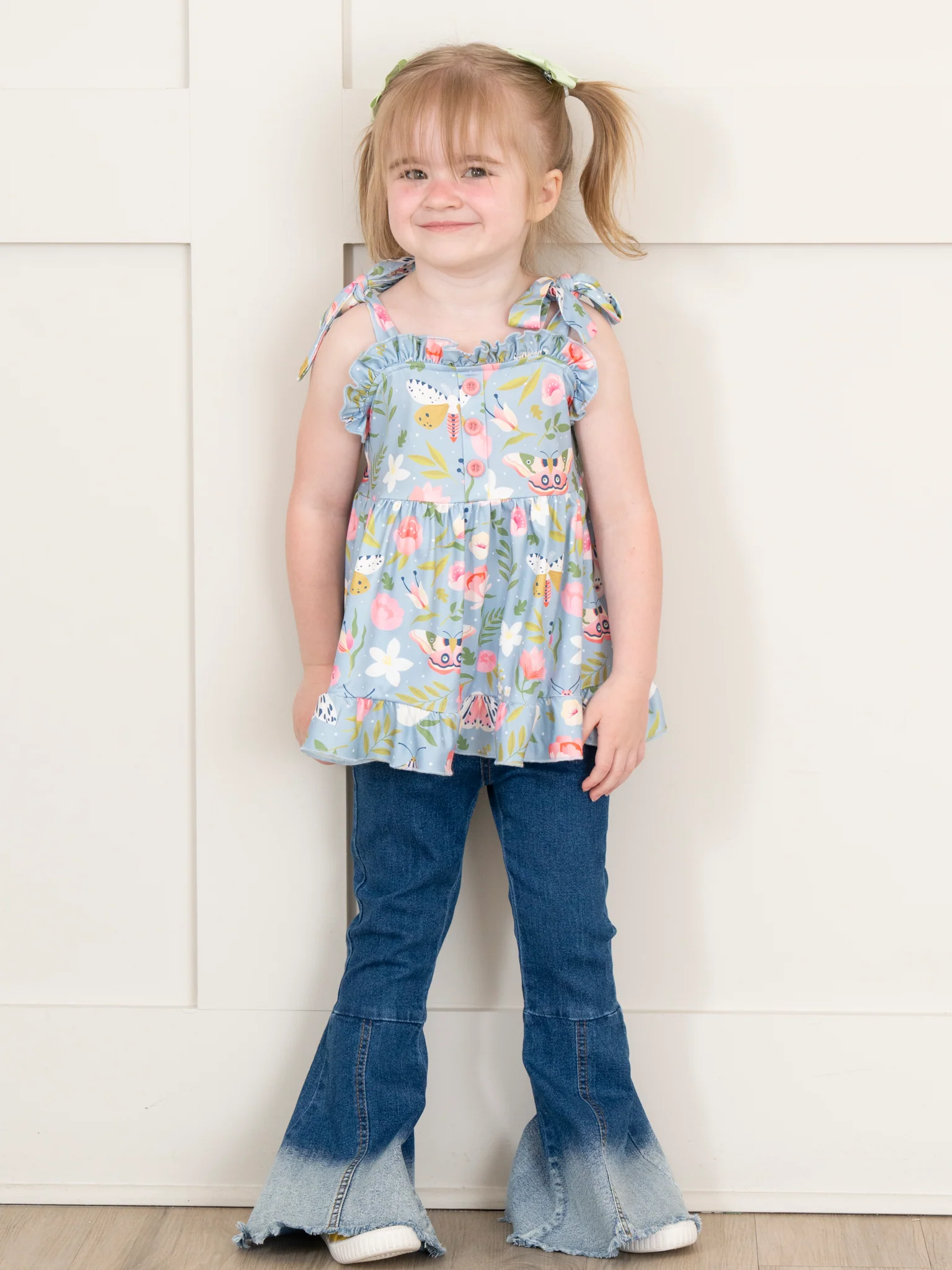 Flutter & Bloom Tie Tank & Denim Bell Bottoms Outfit - Image 5