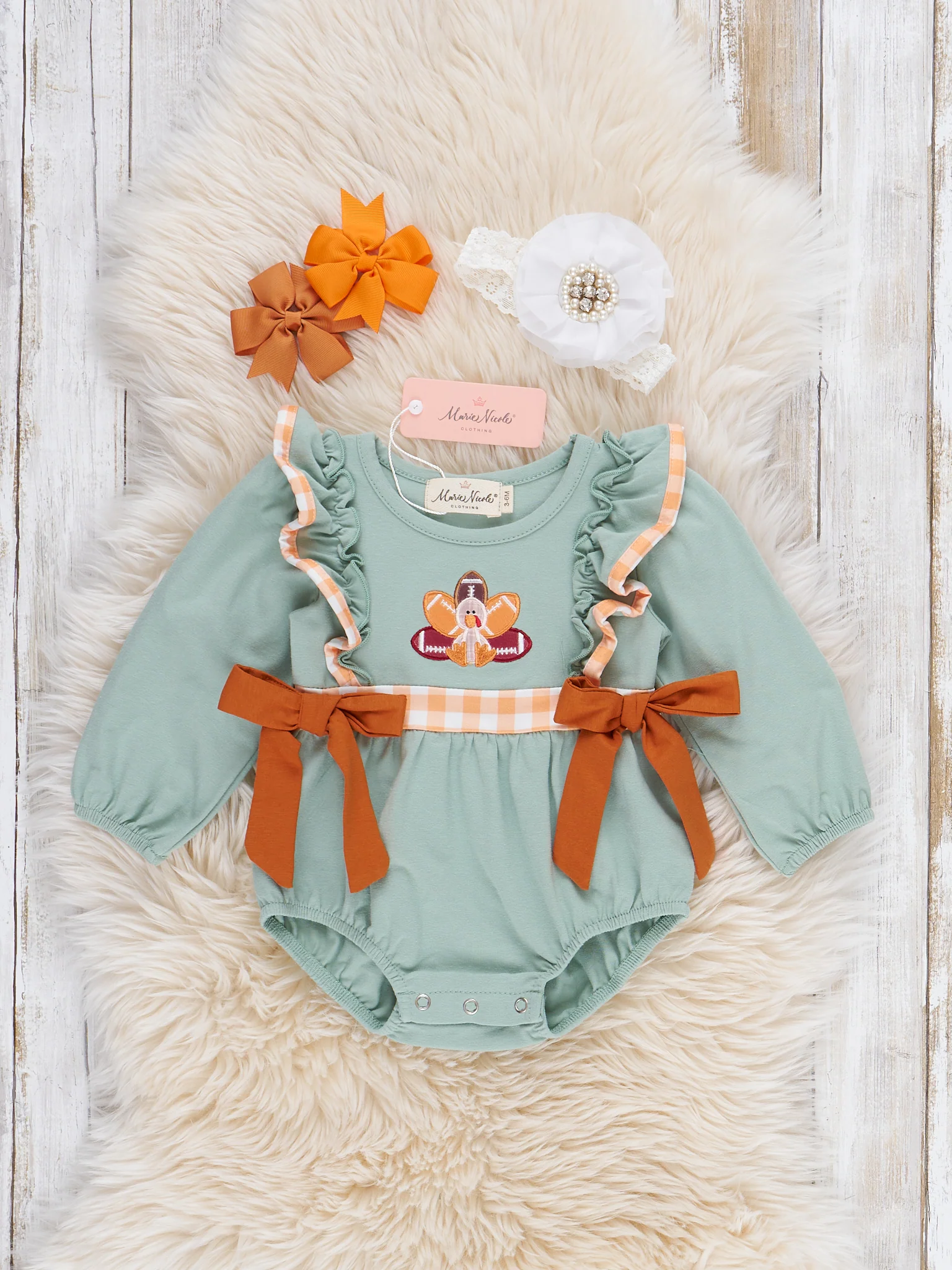Football Feathers Embroidered Ruffle Bow Bubble Romper