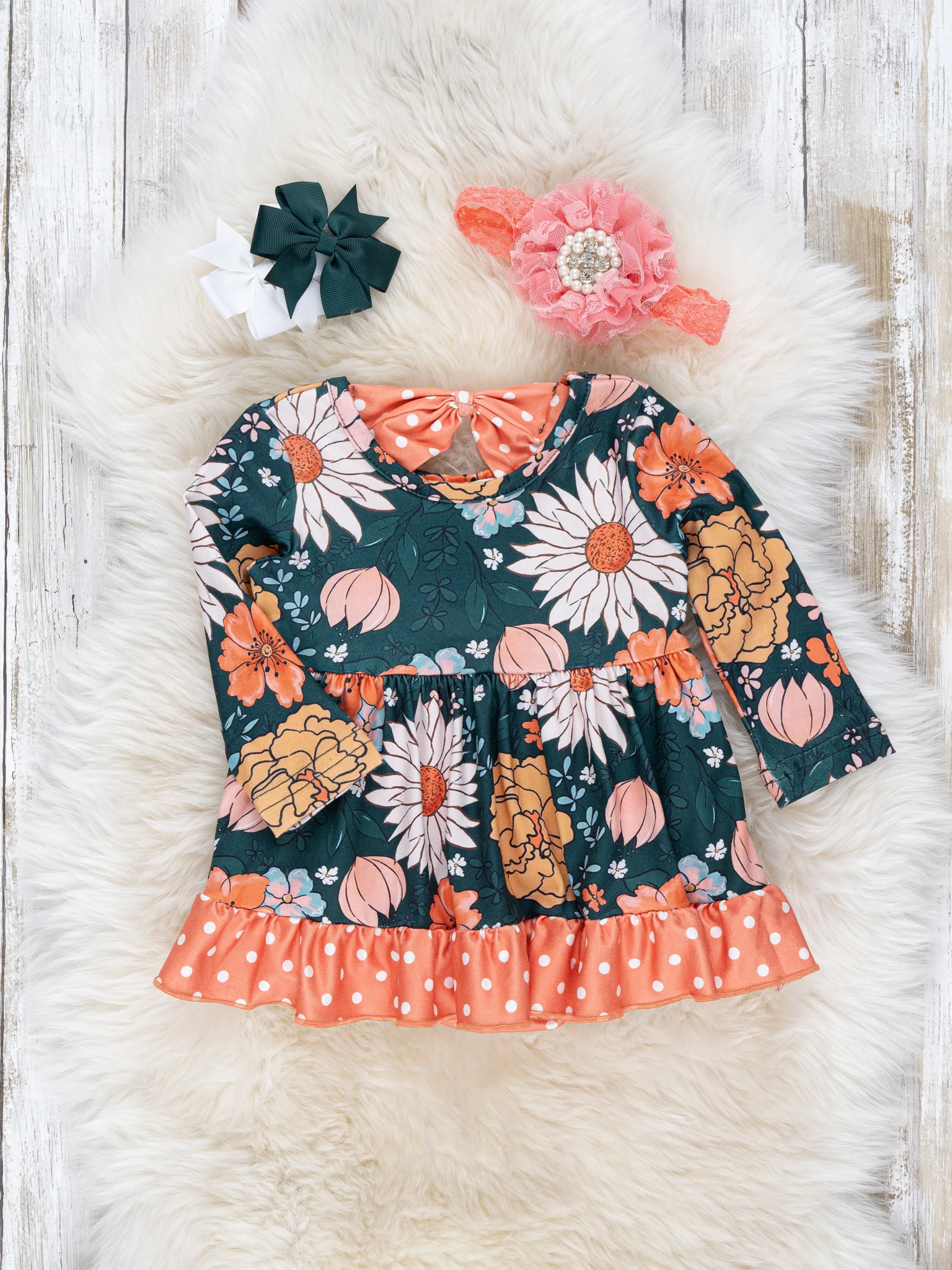 Forest Green Marigold Blooms Ruffle Romper