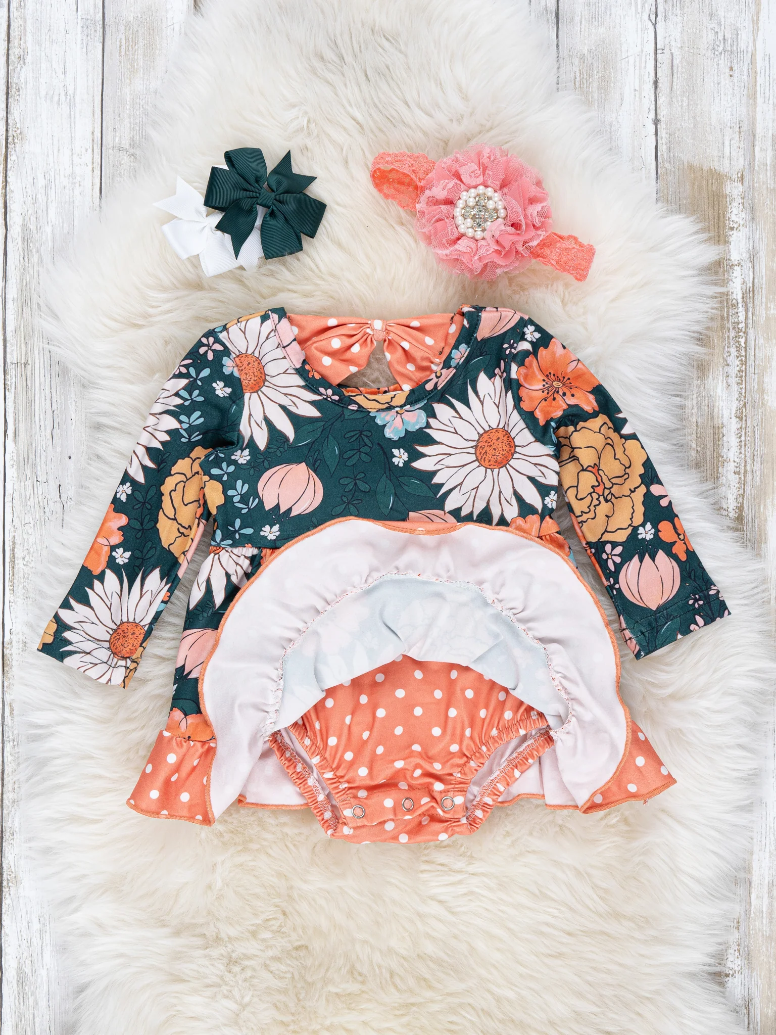 Forest Green Marigold Blooms Ruffle Romper - Image 2