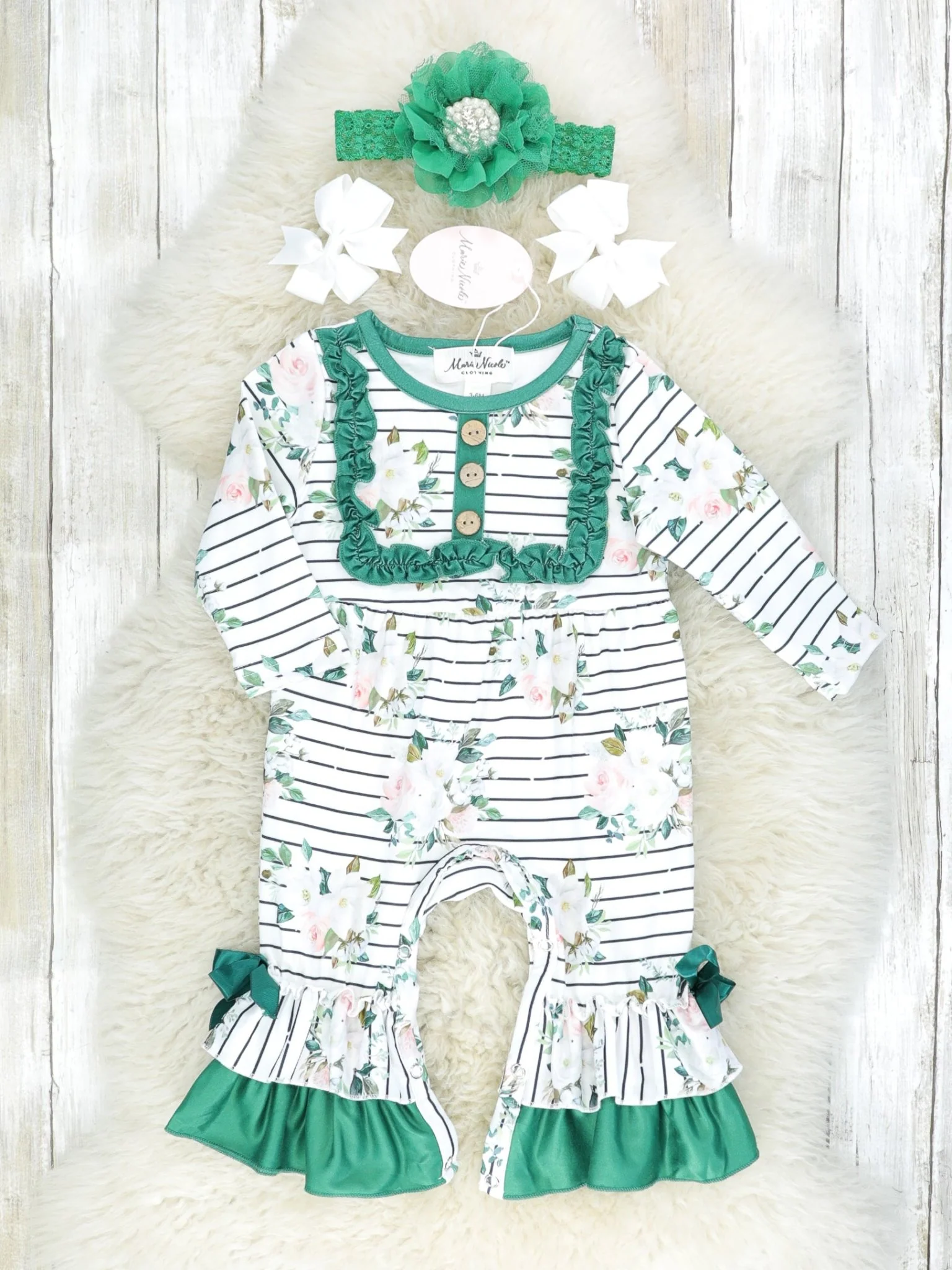 Forrest Green Striped Floral Ruffle Romper
