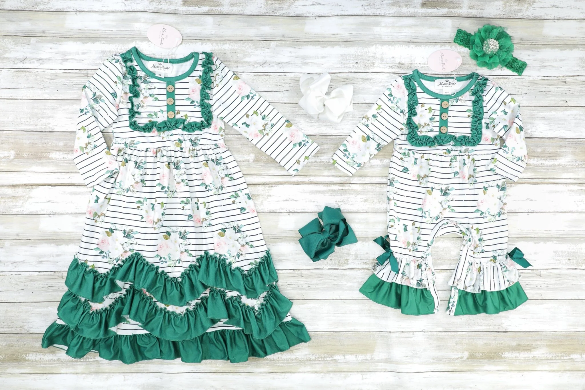 Forrest Green Striped Floral Ruffle Romper - Image 2