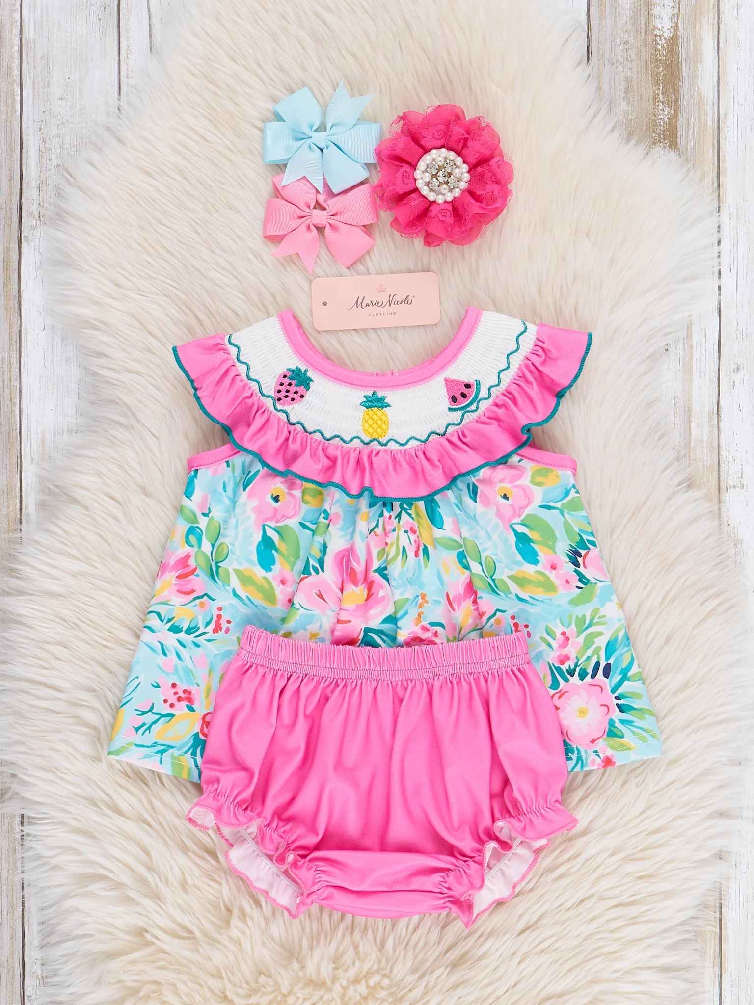 Fruity Summer Garden Smocked Bloomers Outfit - Image 3