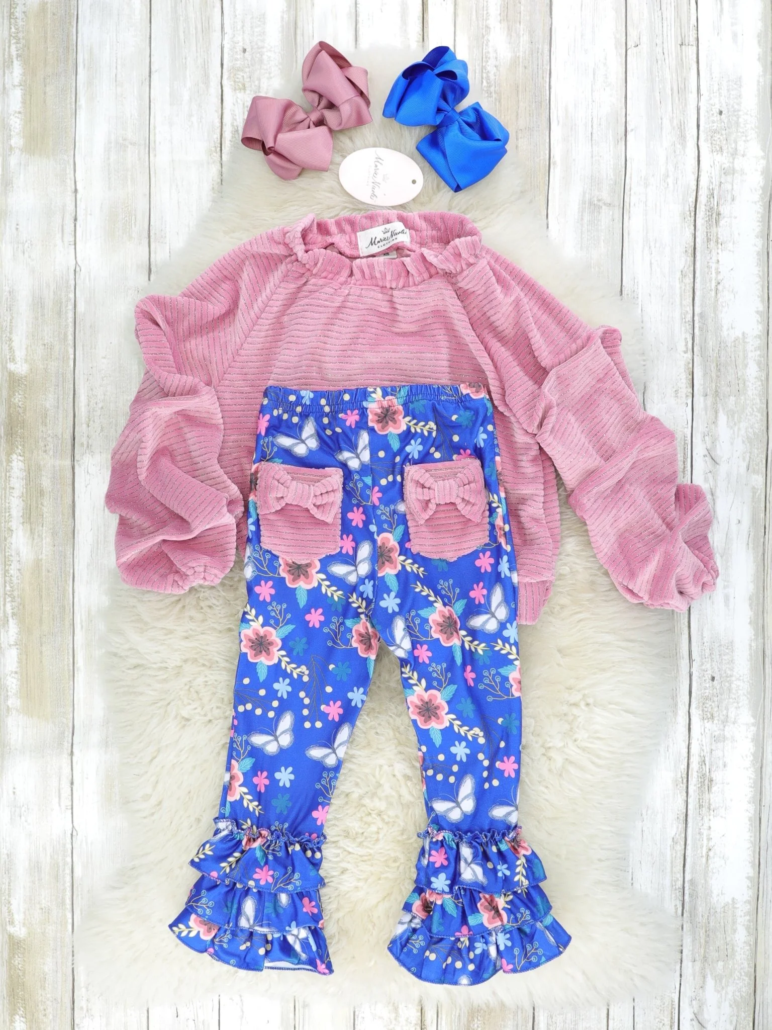 Fuchsia Velvet Tie Top & Floral Ruffle Bottoms Outfit - Image 3