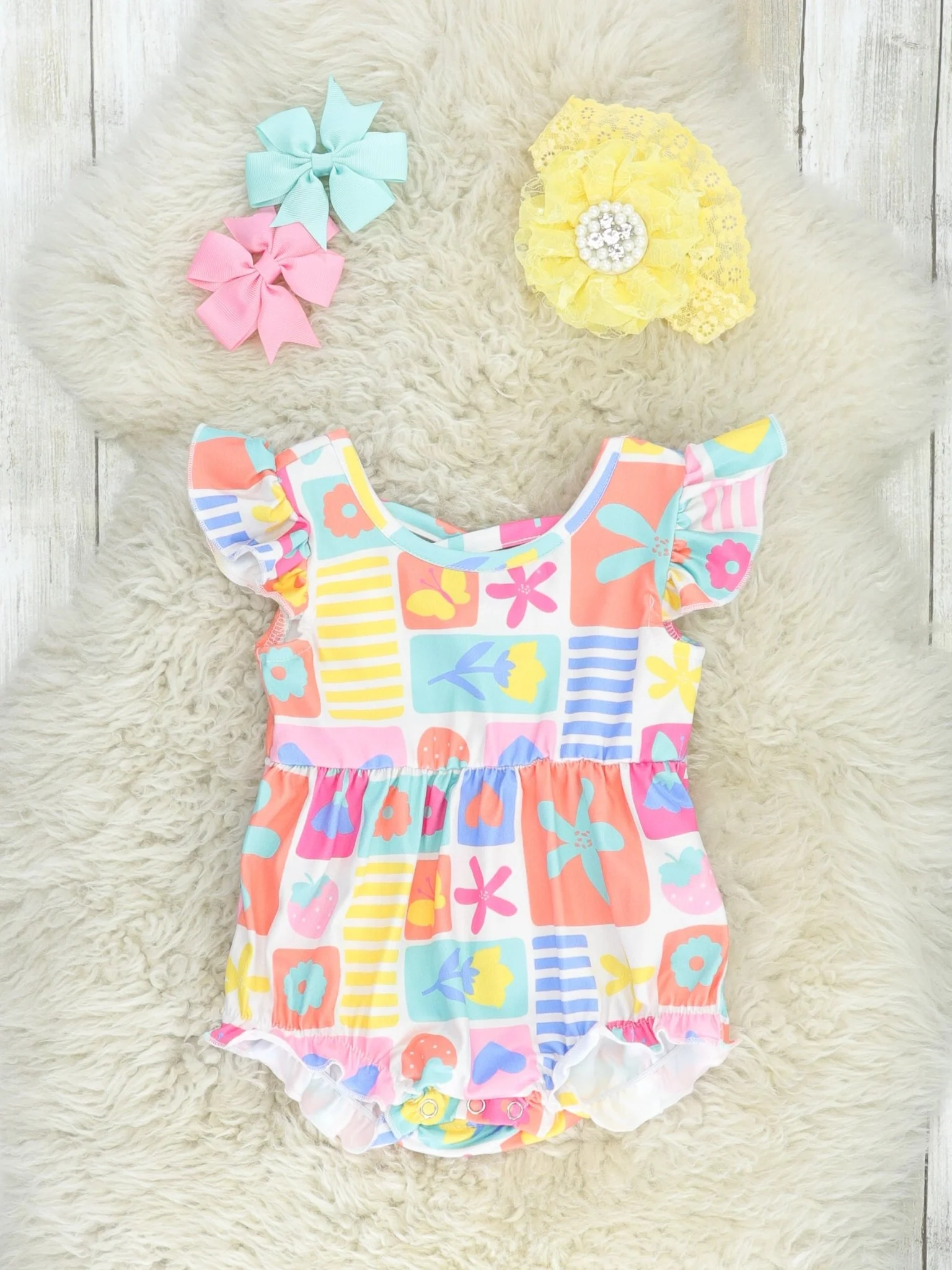 Fun Floral Geometric Ruffle Bubble Romper