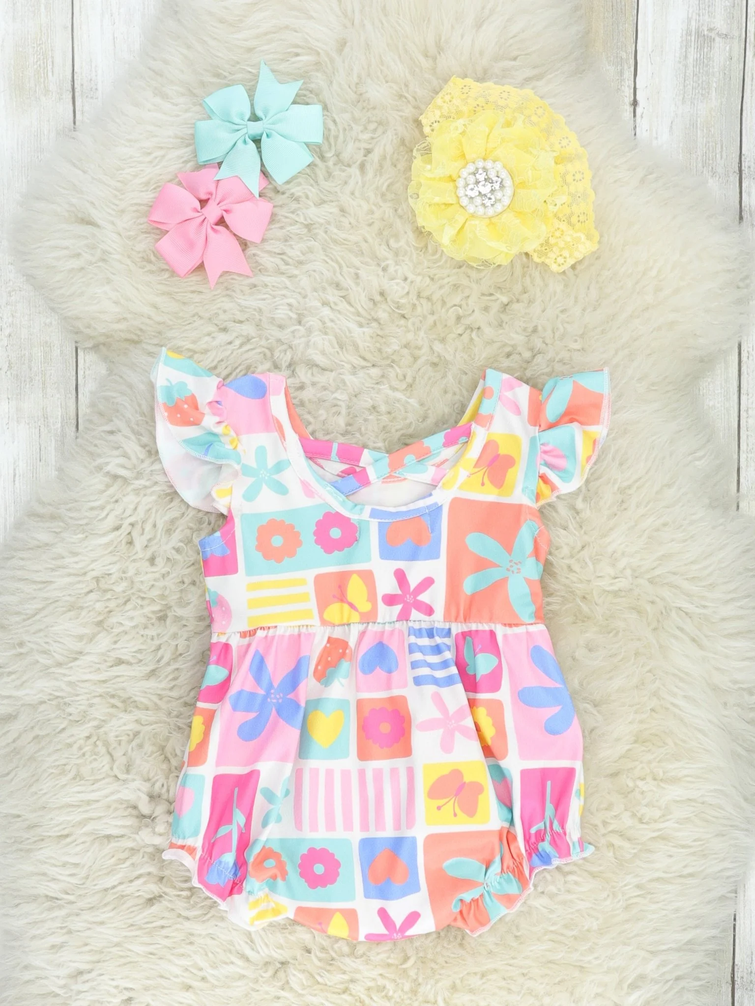 Fun Floral Geometric Ruffle Bubble Romper - Image 2