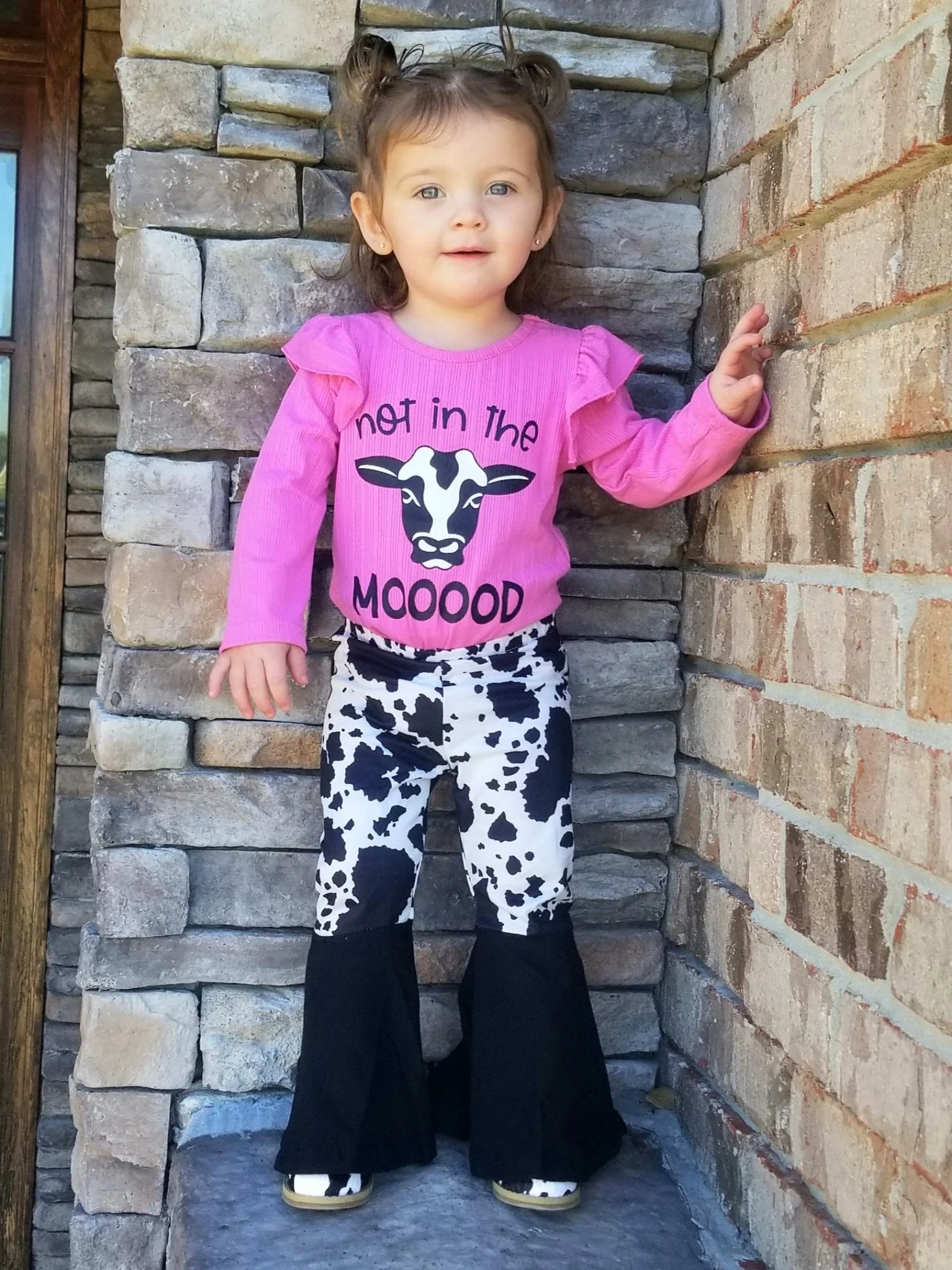 Fuchsia "Not In The MOOOOD" Ruffle Romper & Cow Print Bell Bottoms Outfit - Image 3