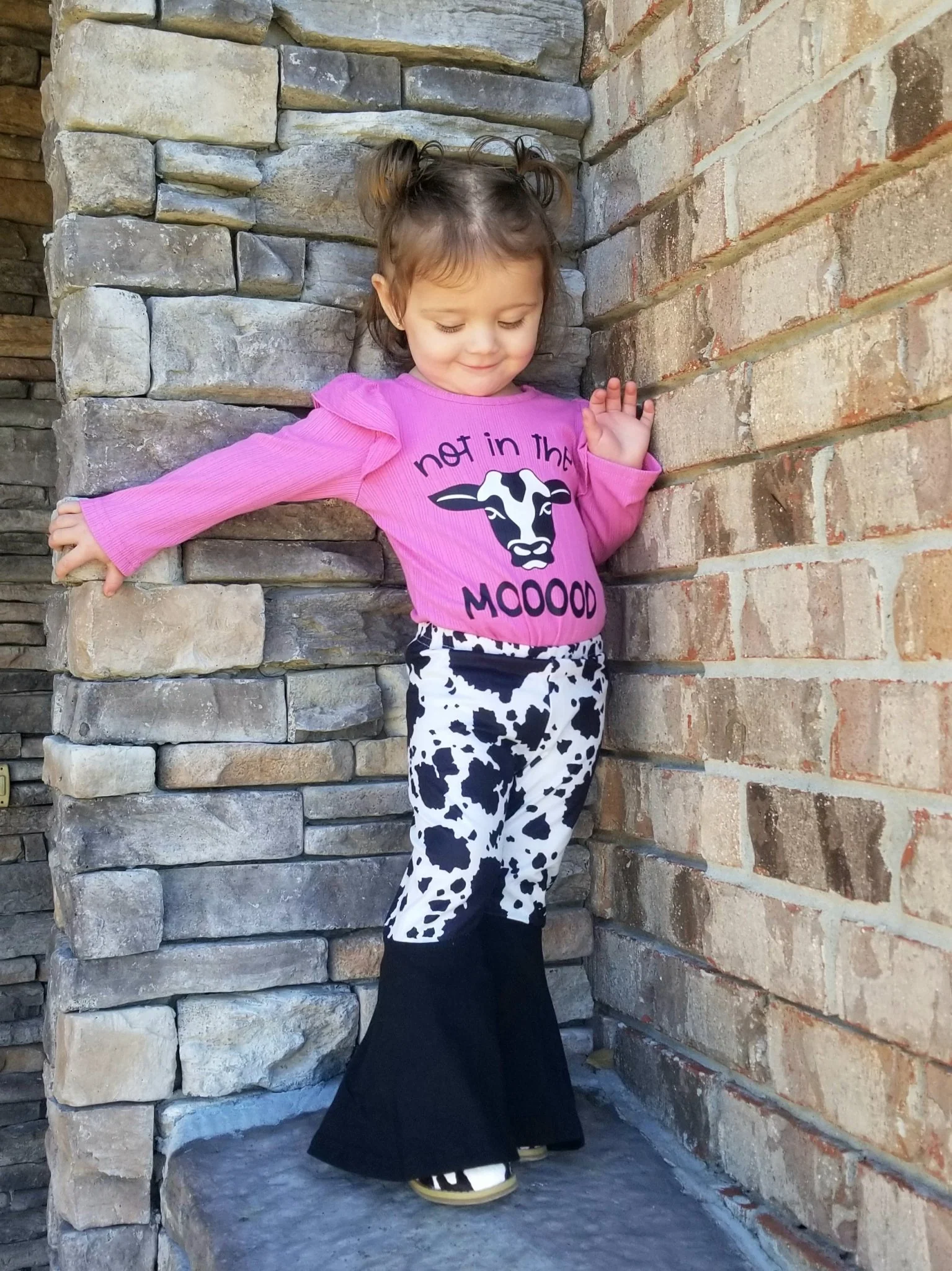 Fuchsia "Not In The MOOOOD" Ruffle Romper & Cow Print Bell Bottoms Outfit - Image 4