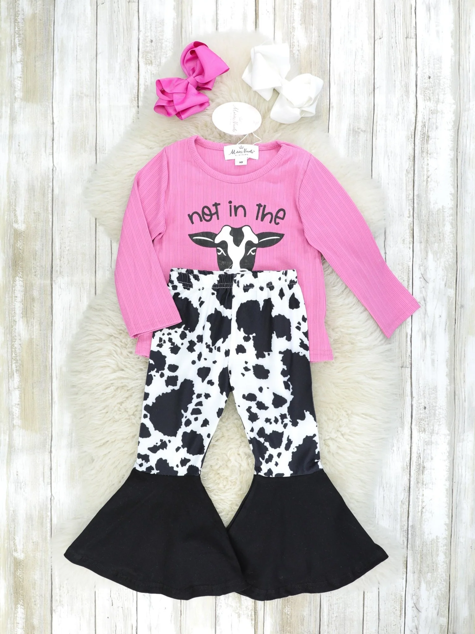 Fuchsia "Not In The MOOOOD" Top & Cow Print Bell Bottoms - Image 3