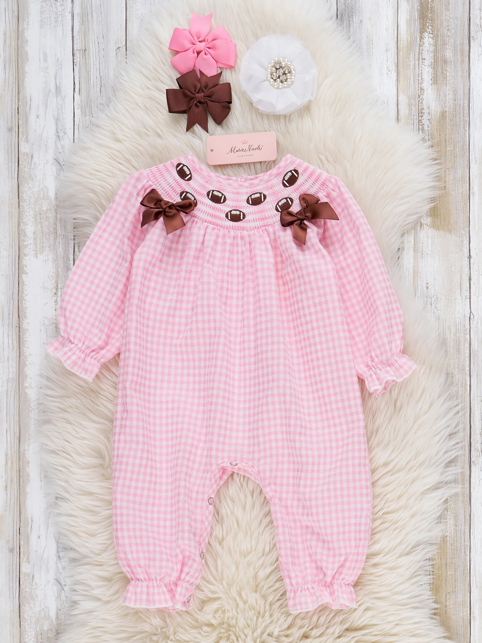 Game Day Gingham Smocked Embroidered Romper