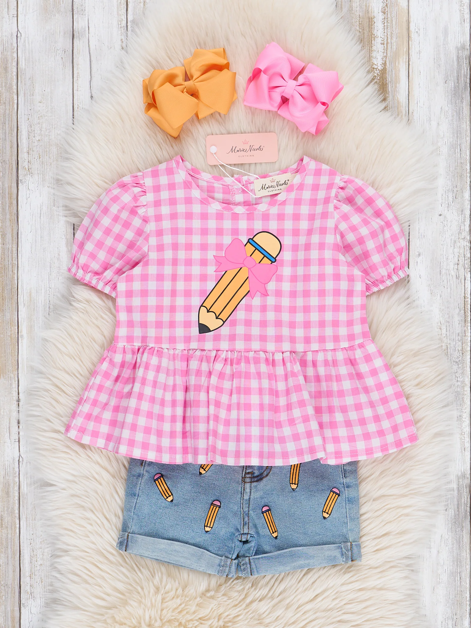 Gingham Bow Pencil Denim Outfit