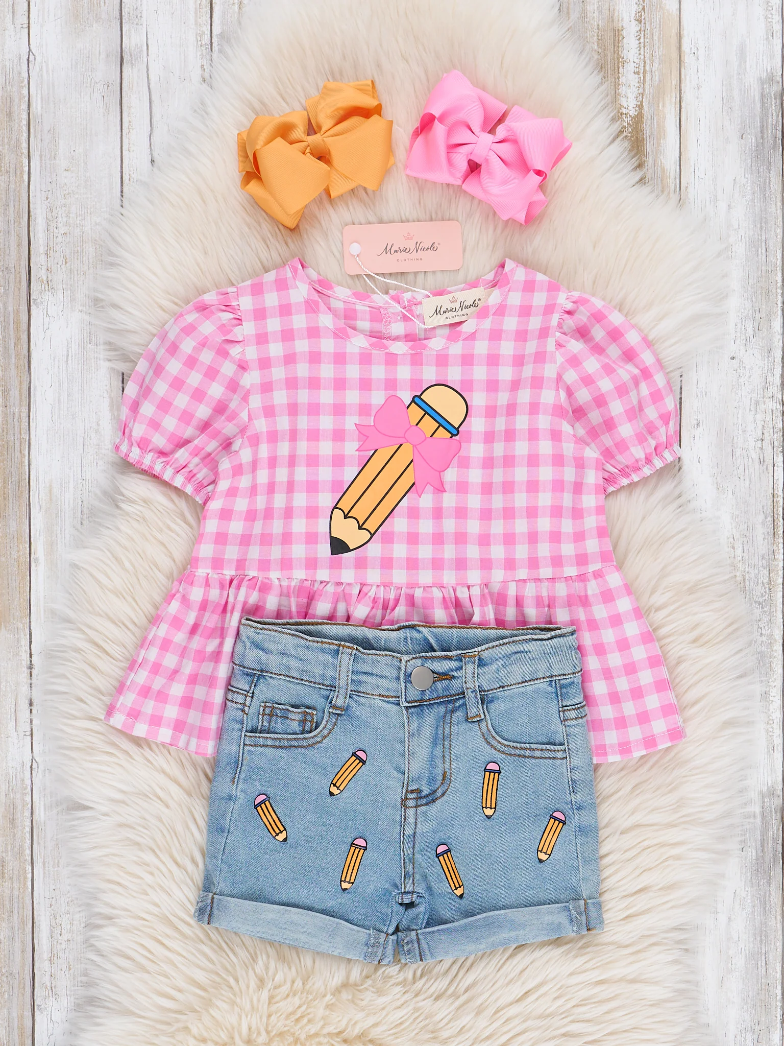 Gingham Bow Pencil Denim Outfit - Image 2