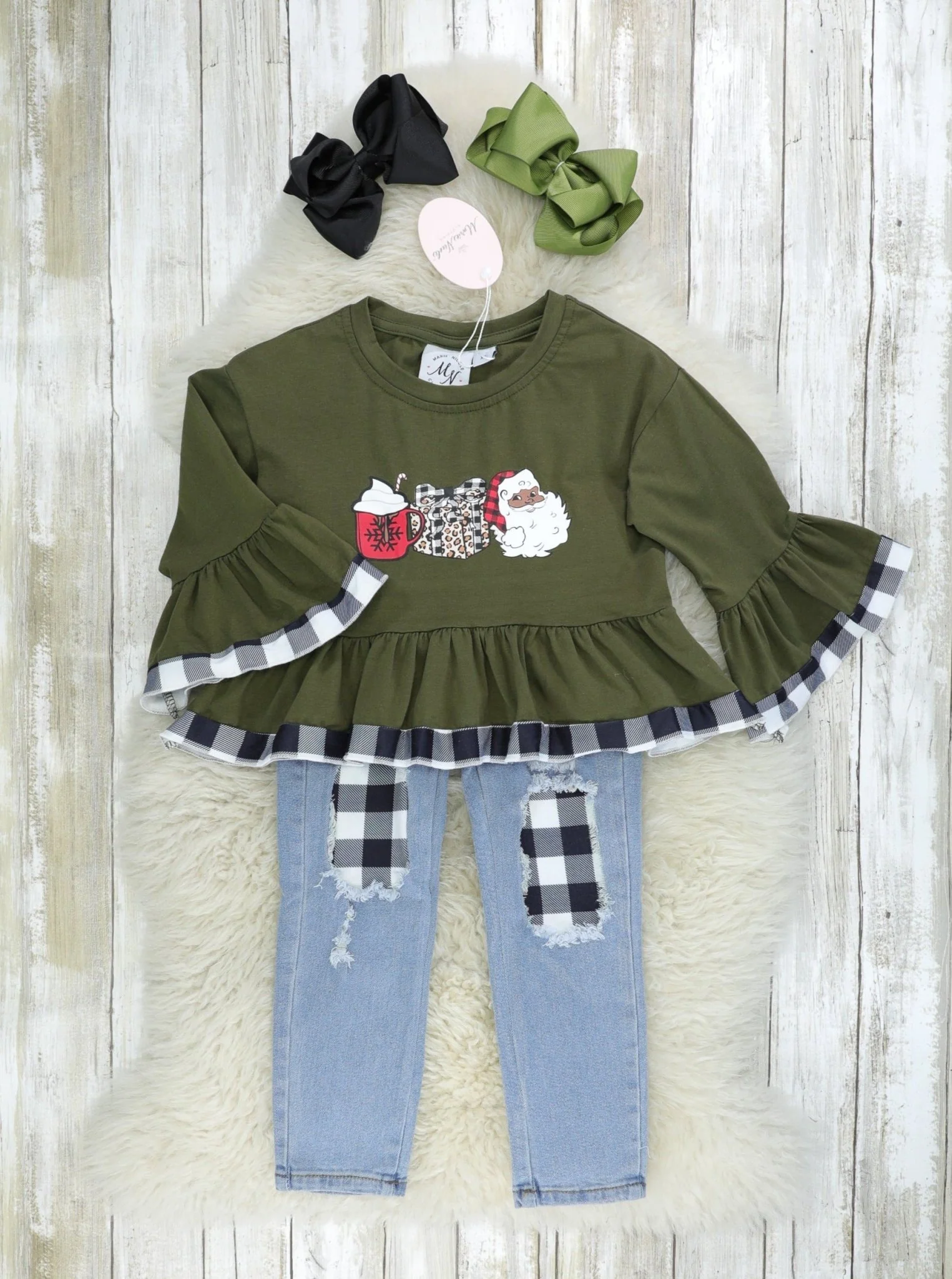 Gingham Christmas Bell Sleeve & Denim Outfit