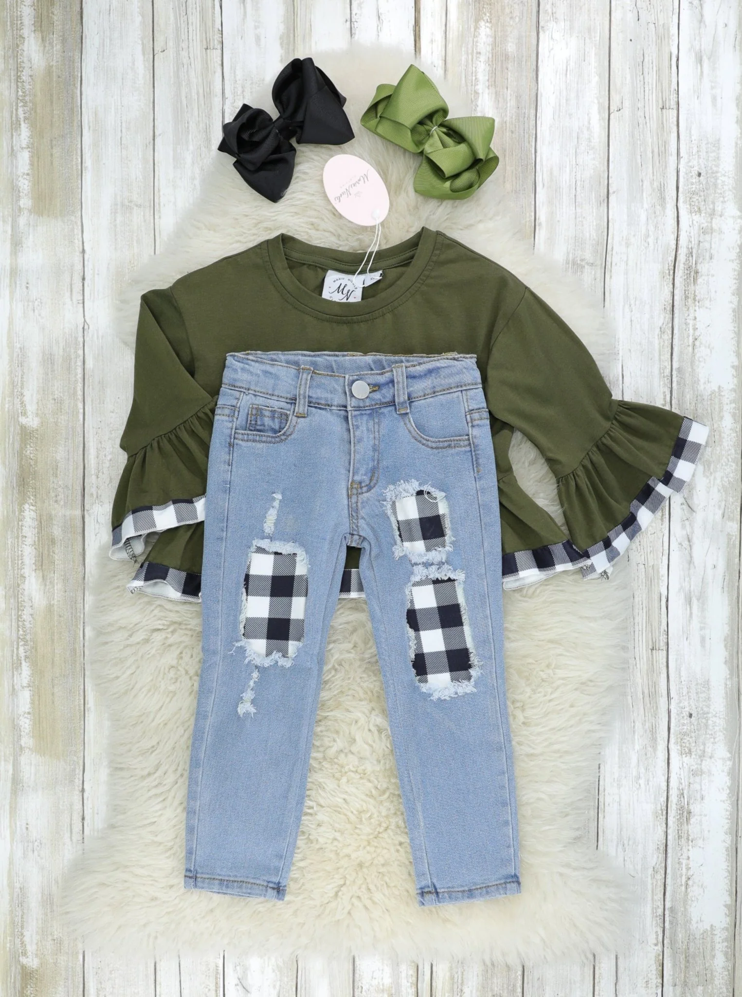 Gingham Christmas Bell Sleeve & Denim Outfit - Image 2