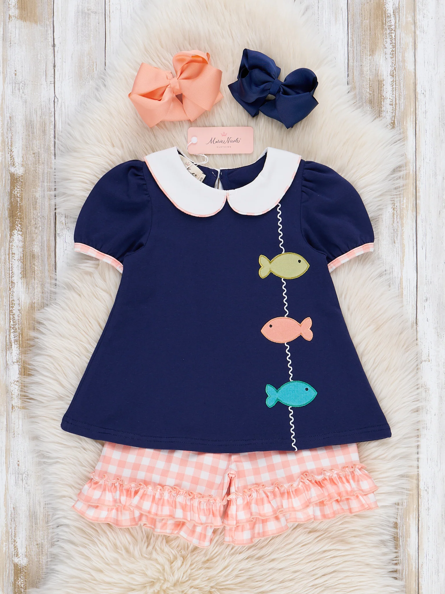Gingham Embroidered Fish Ruffle Outfit - Image 2
