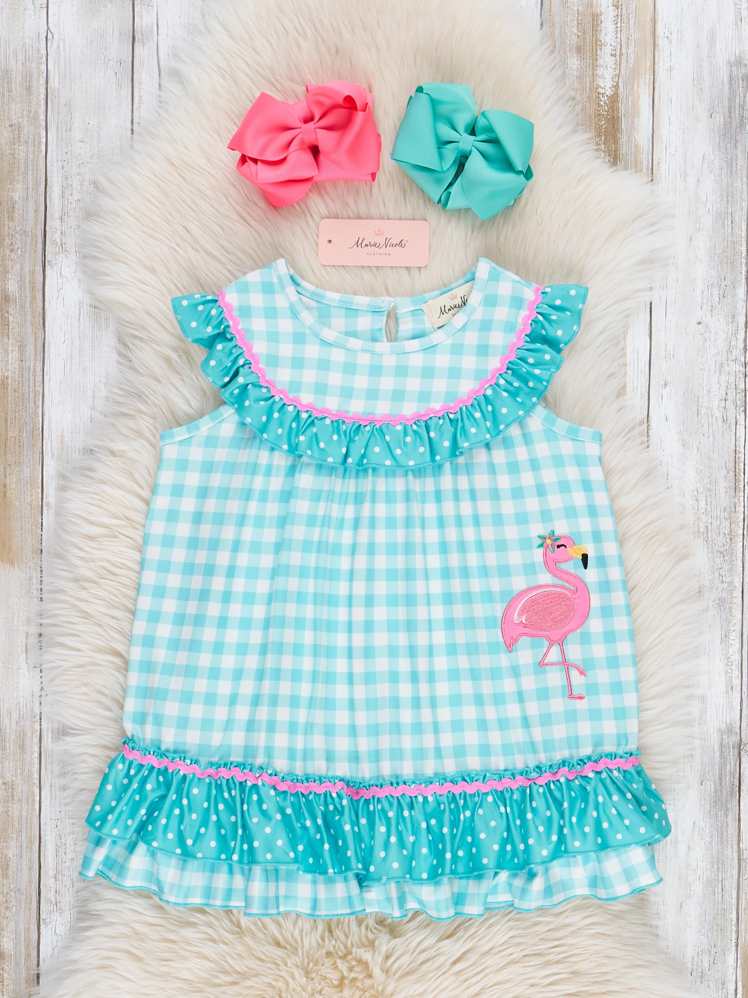 Gingham Embroidered Flamingo Party Ruffle Dress - Image 2