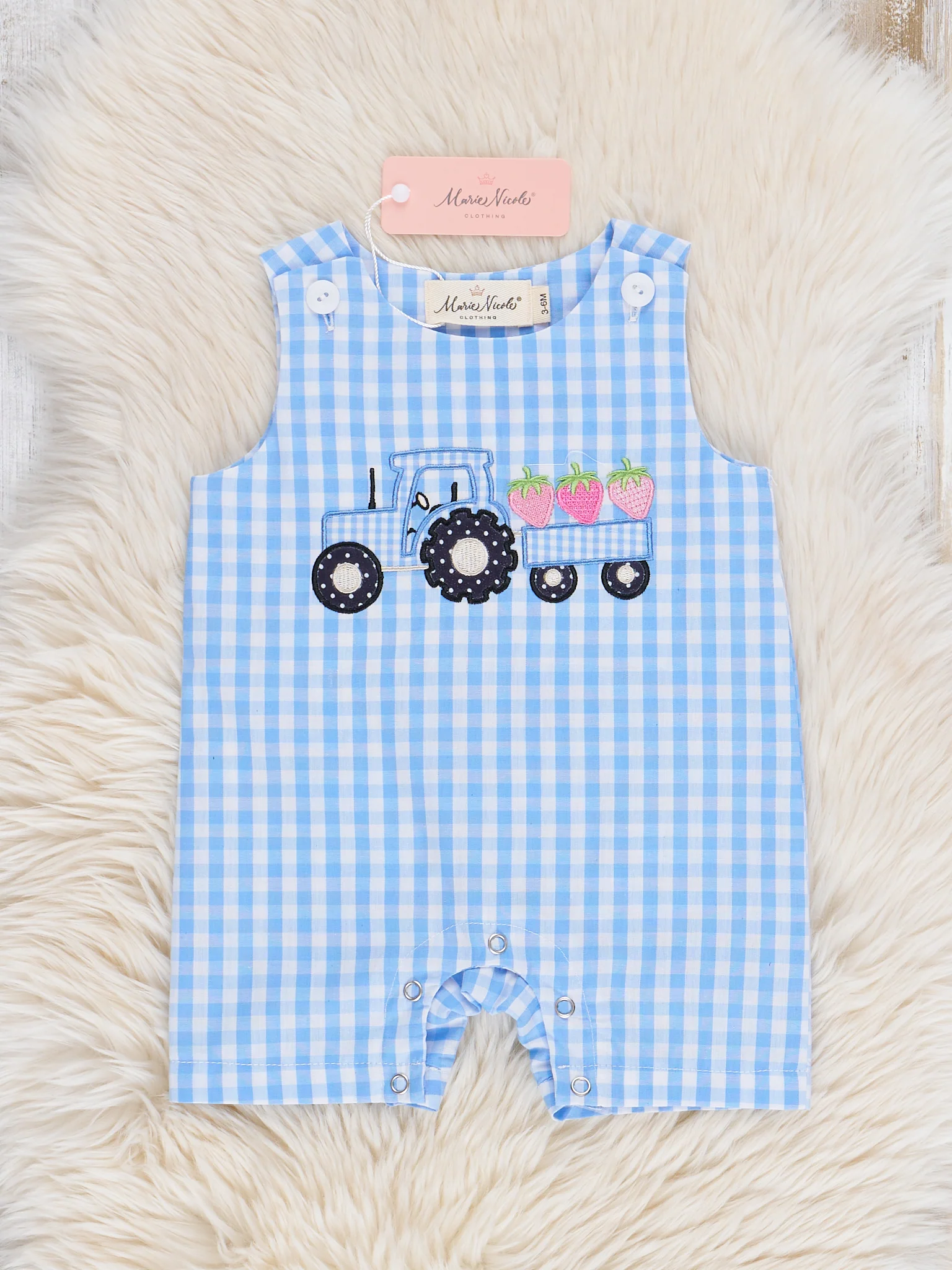 Gingham Embroidered Fruit Truck 100% Cotton Johnny - Image 2