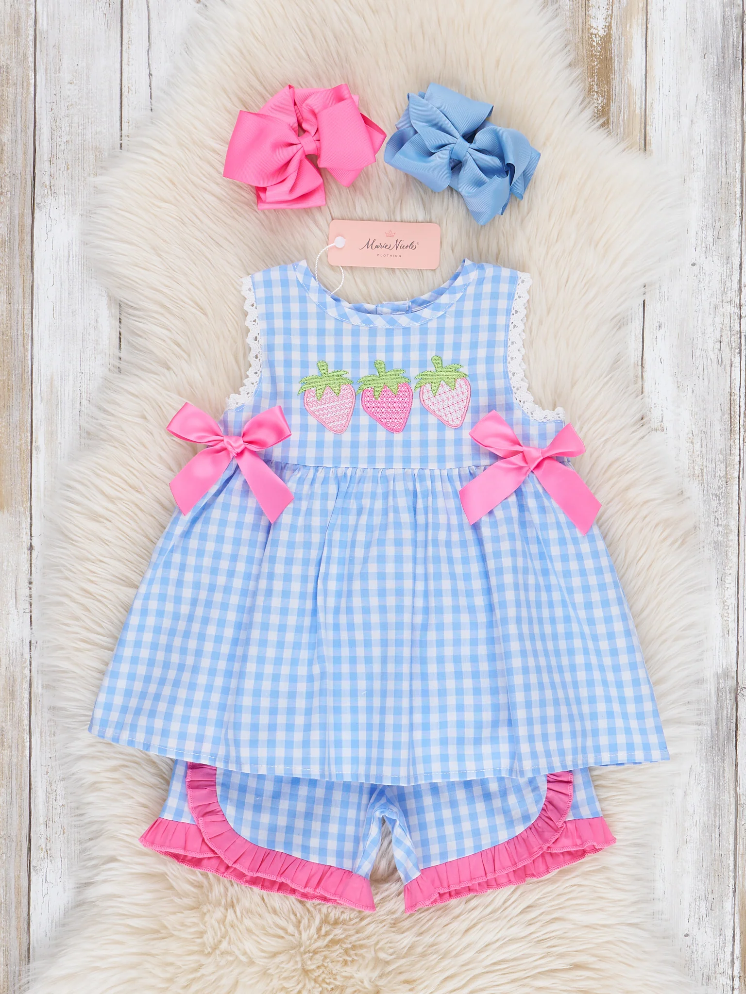Gingham Embroidered Strawberries 100% Cotton Ruffle Outfit - Image 2