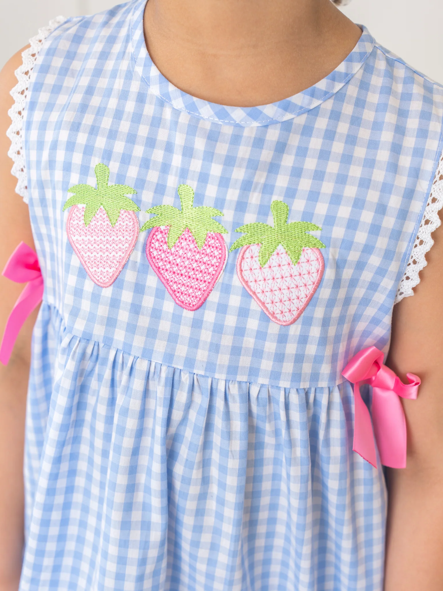 Gingham Embroidered Strawberries 100% Cotton Ruffle Outfit - Image 3