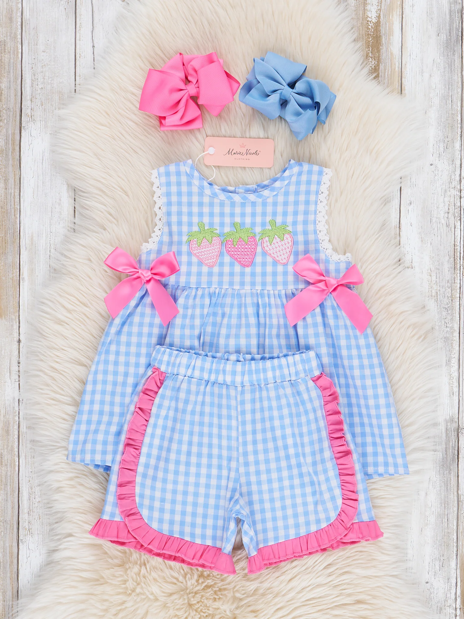 Gingham Embroidered Strawberries 100% Cotton Ruffle Outfit - Image 4