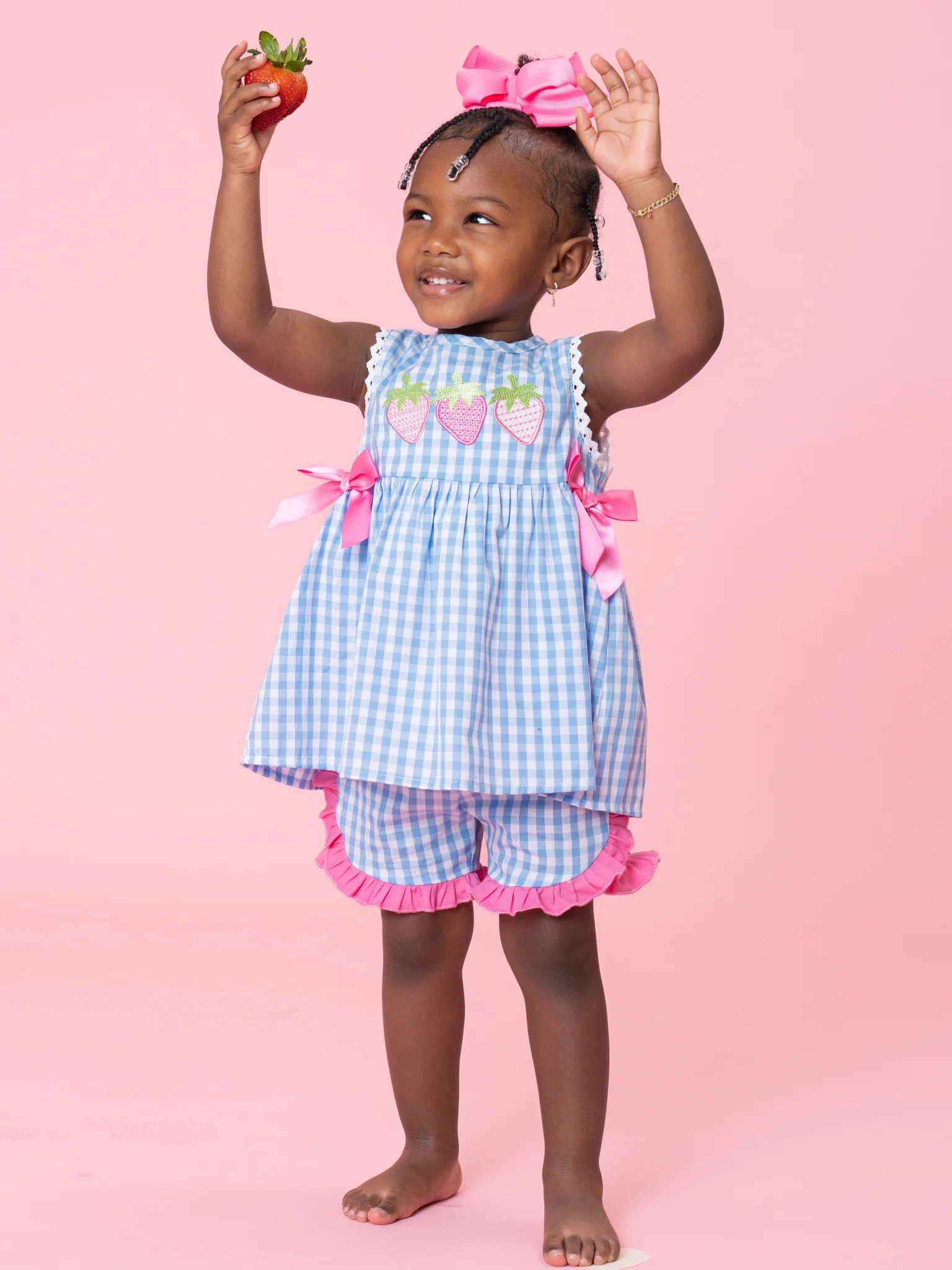 Gingham Embroidered Strawberries 100% Cotton Ruffle Outfit - Image 6
