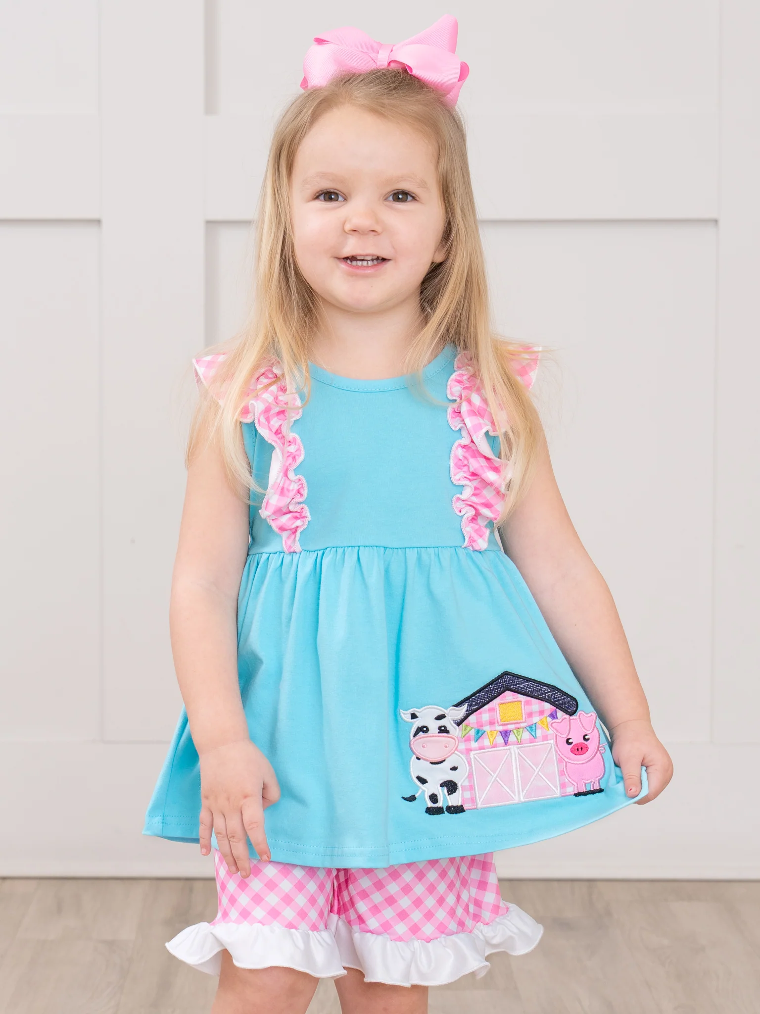 Gingham Farmhouse Embroidered Ruffle Outfit