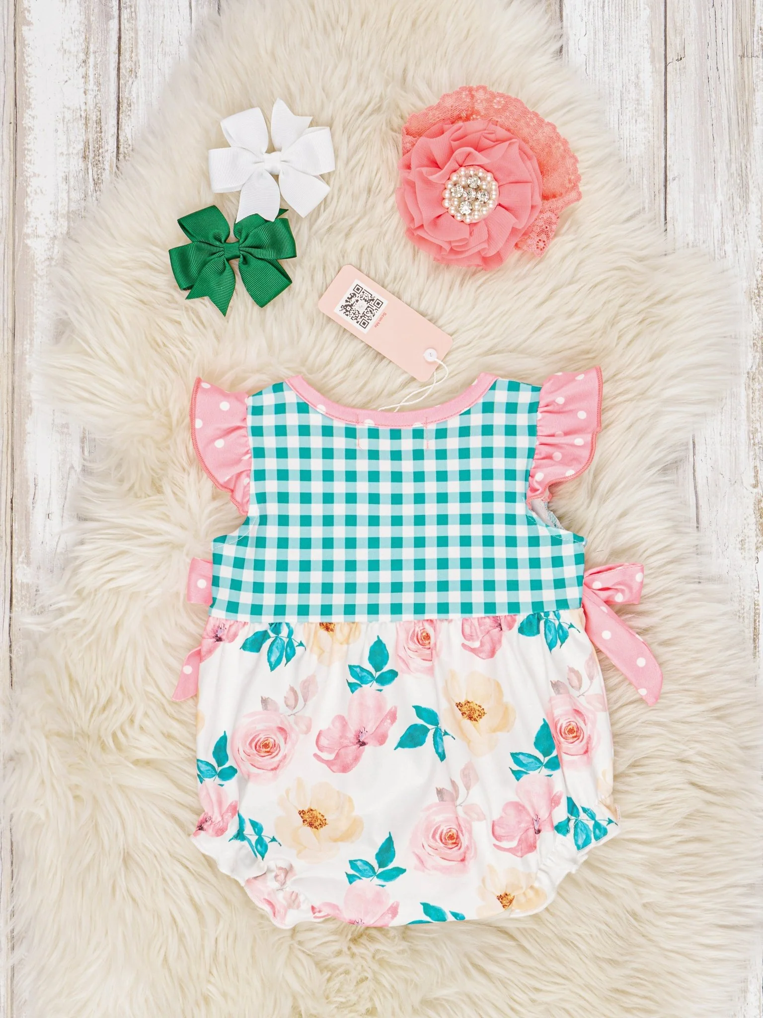 Gingham Floral Flutter Sleeve Bubble Romper - Image 2
