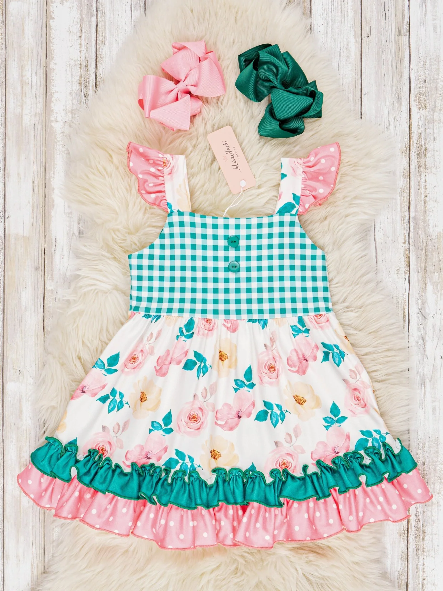 Gingham Floral Flutter Sleeve Dress