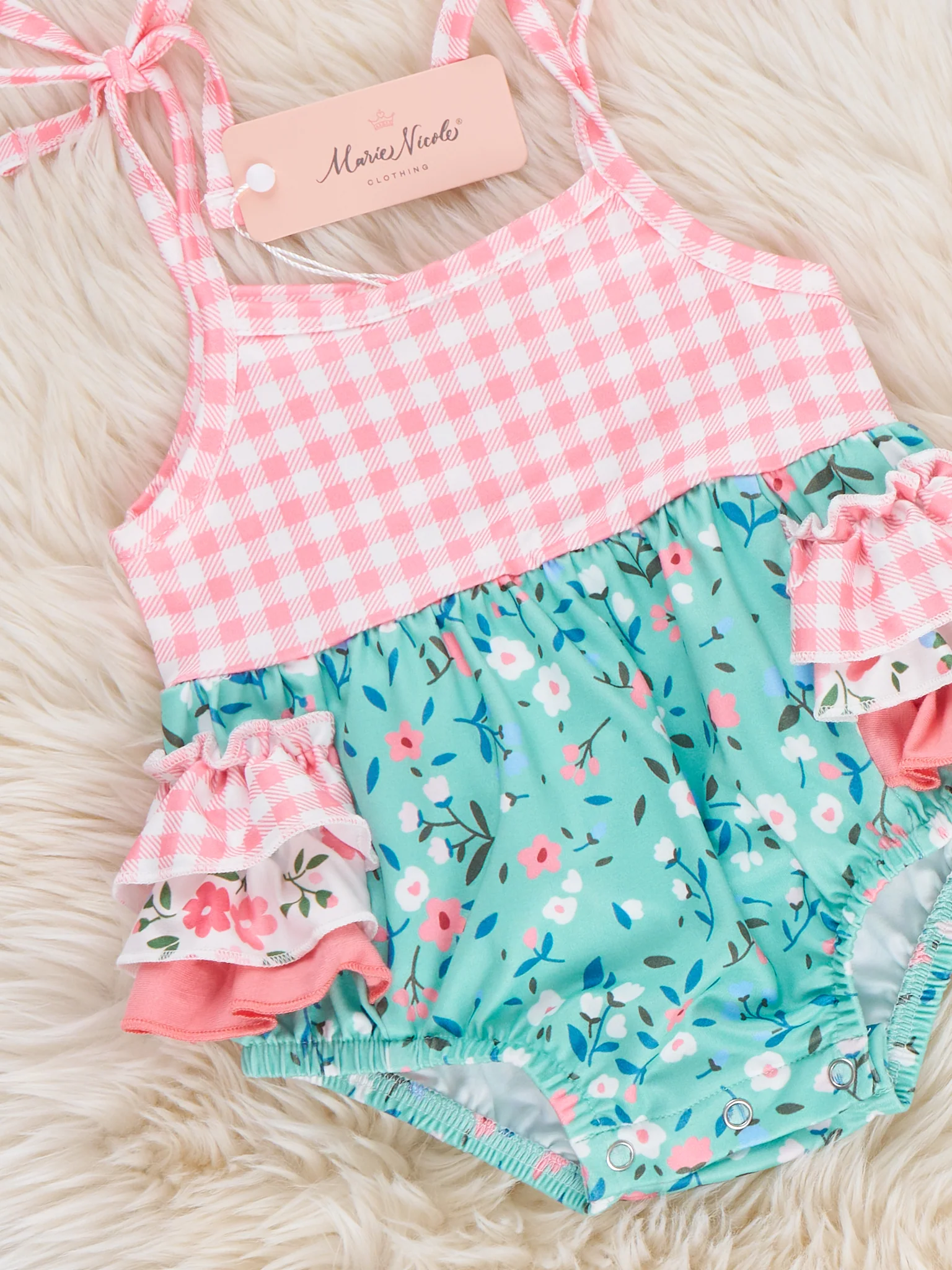 Gingham Garden Tie Ruffle Bubble Romper - Image 2