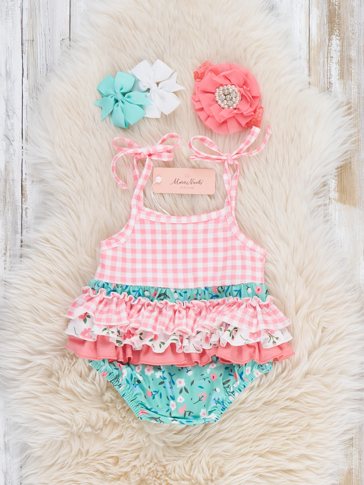 Gingham Garden Tie Ruffle Bubble Romper - Image 3