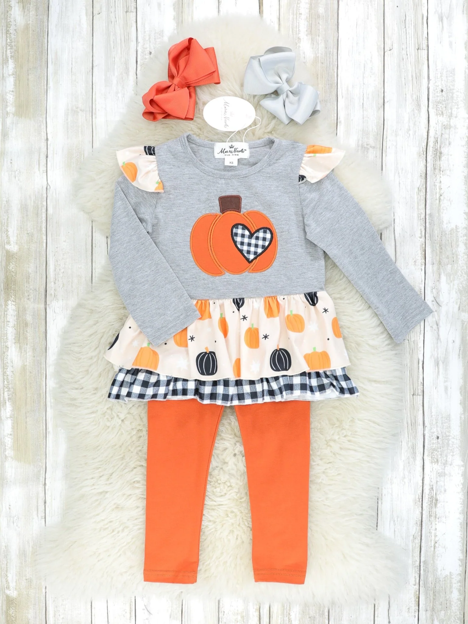 Gingham Heart Pumpkin Ruffle Top & Orange Bottoms Outfit