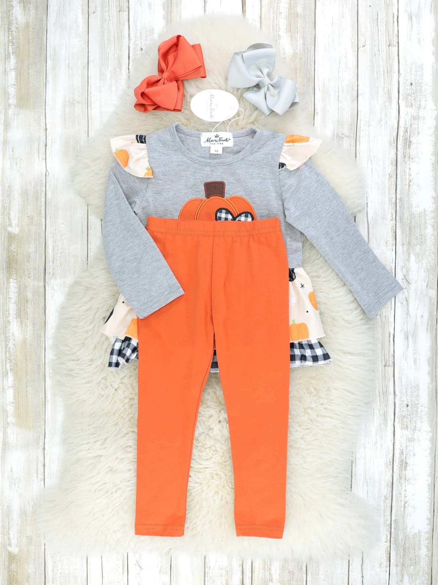 Gingham Heart Pumpkin Ruffle Top & Orange Bottoms Outfit - Image 2