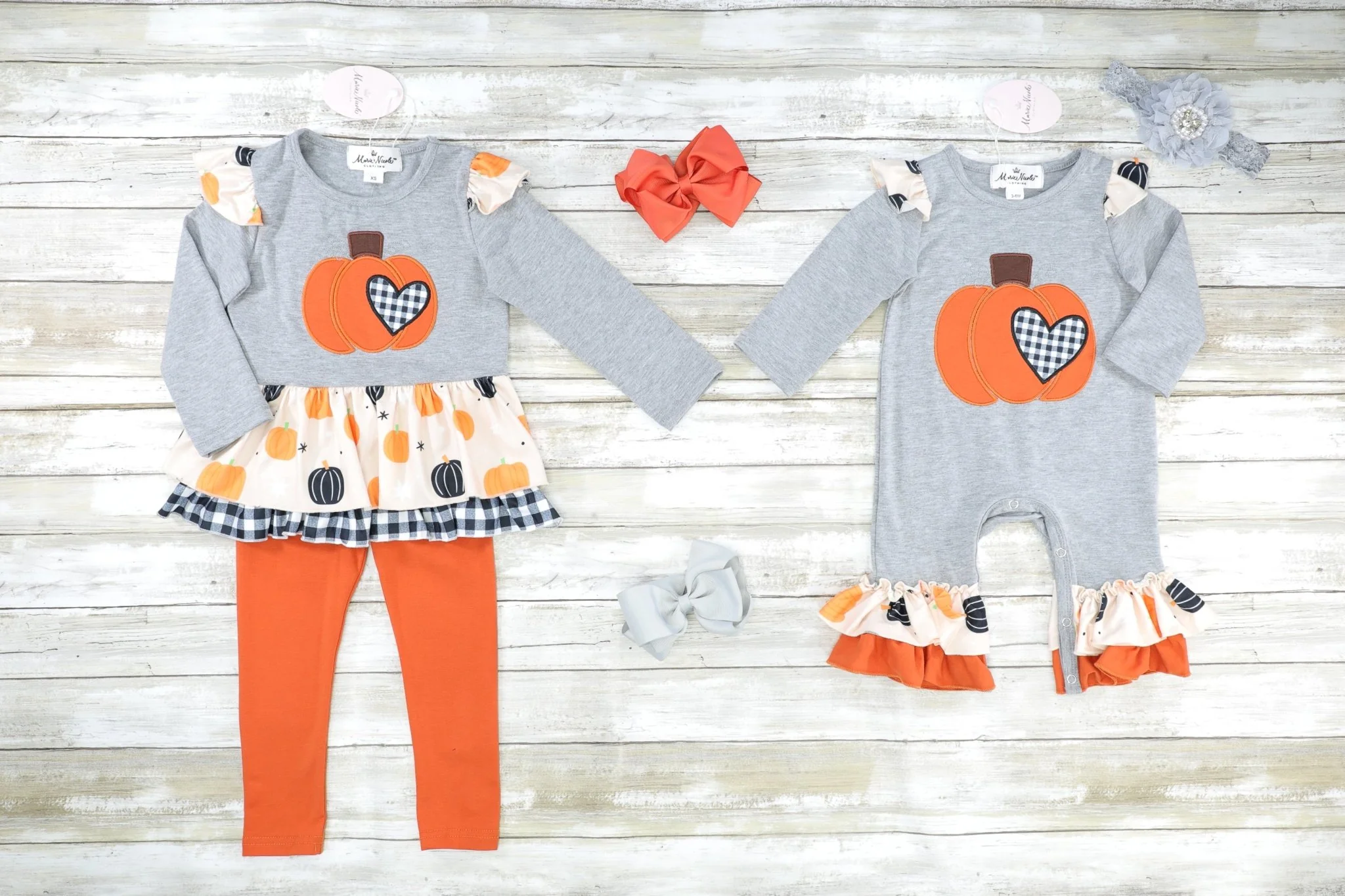 Gingham Heart Pumpkin Ruffle Top & Orange Bottoms Outfit - Image 3