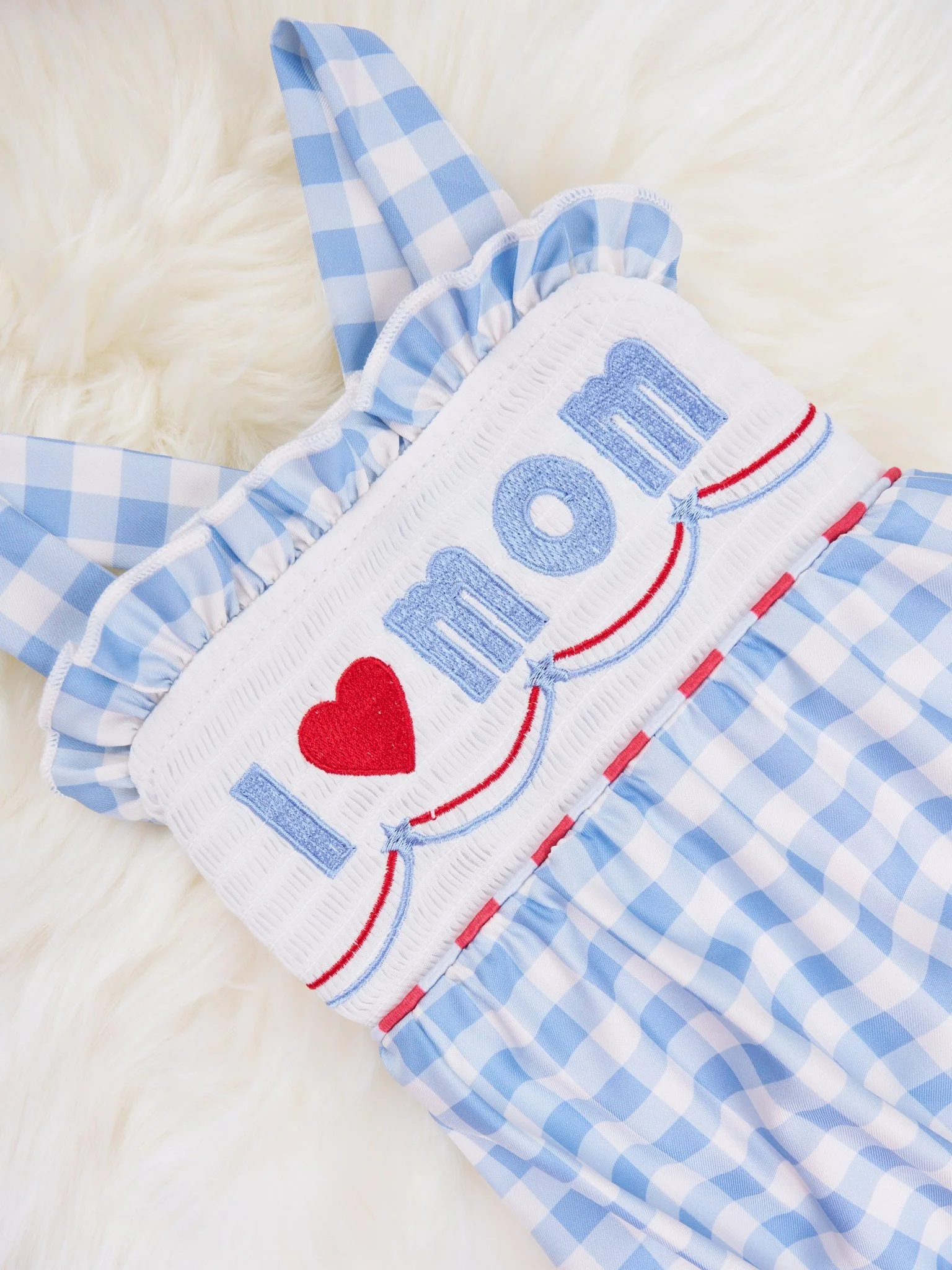 Gingham "I Love Mom" Smocked Bubble Romper - Image 3
