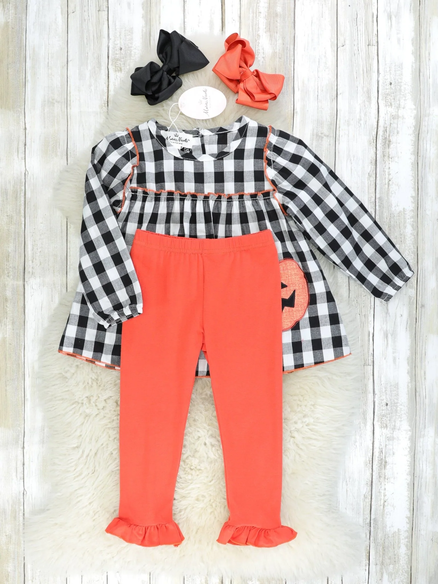 Gingham Jack-O-Lantern Top & Orange Ruffle Bottoms Outfit - Image 2