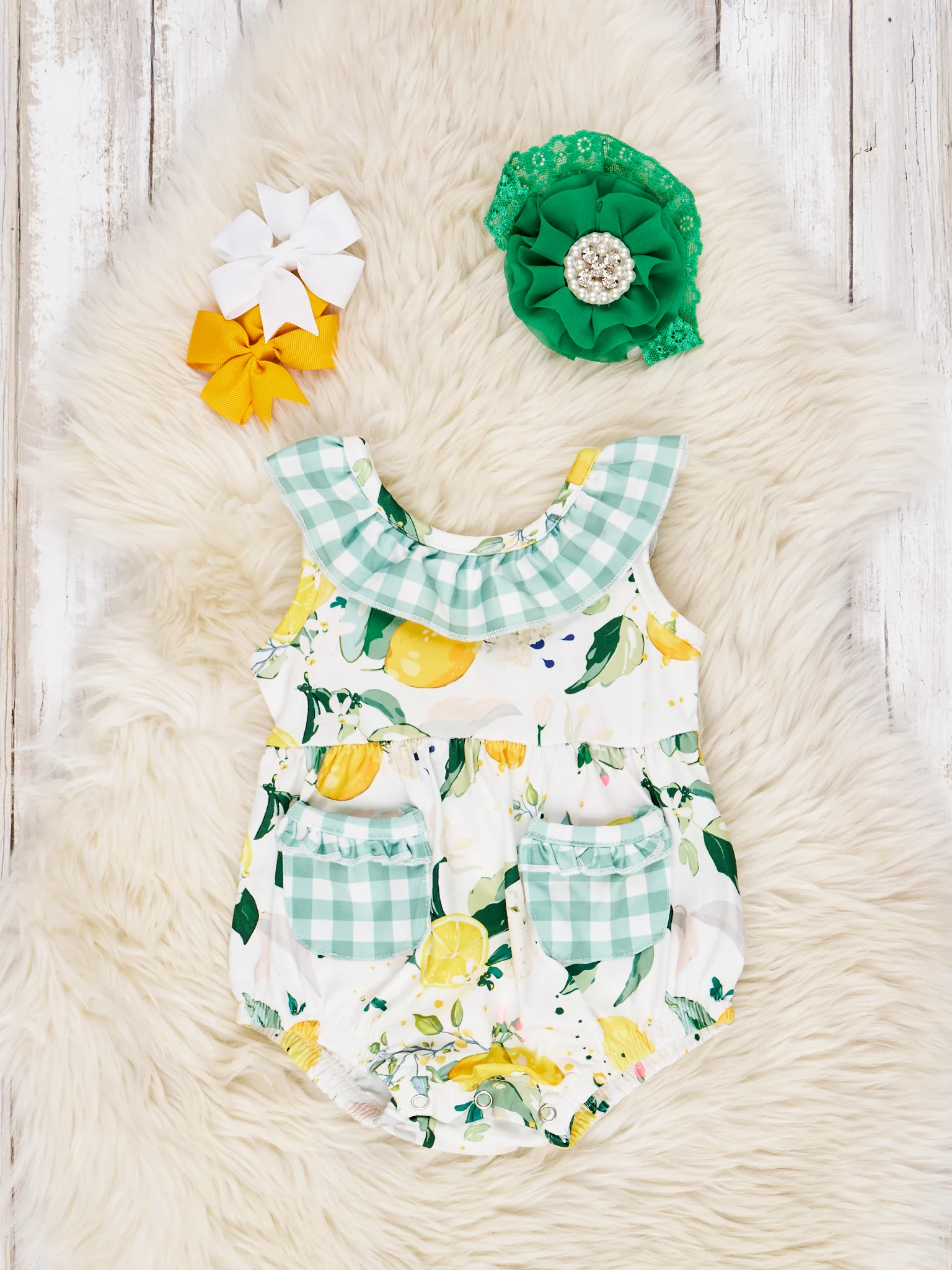 Gingham Lemon Pocket Ruffle Romper