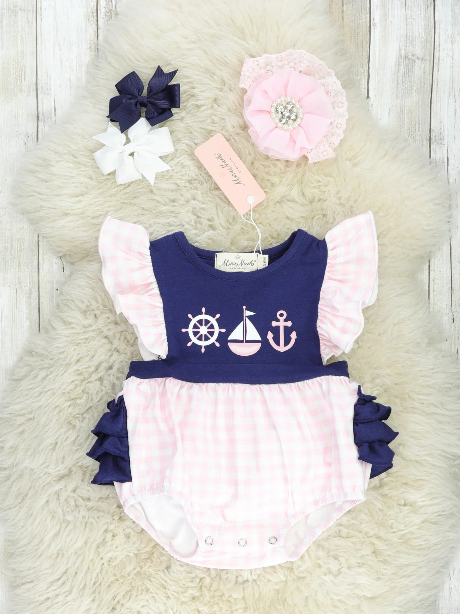 Gingham Sailboat Ruffle Bubble Romper