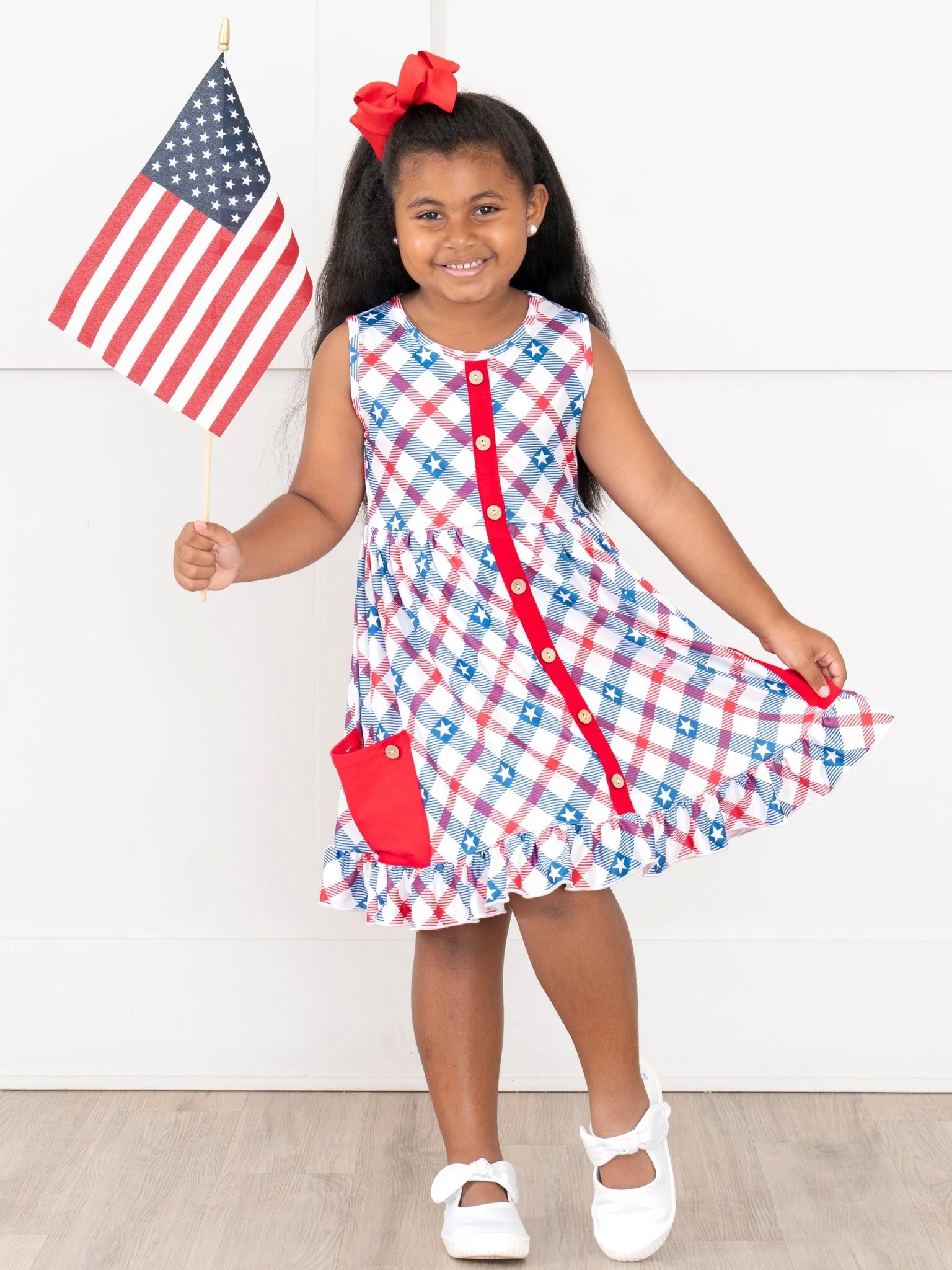 Gingham Stars Pocket Ruffle Dress