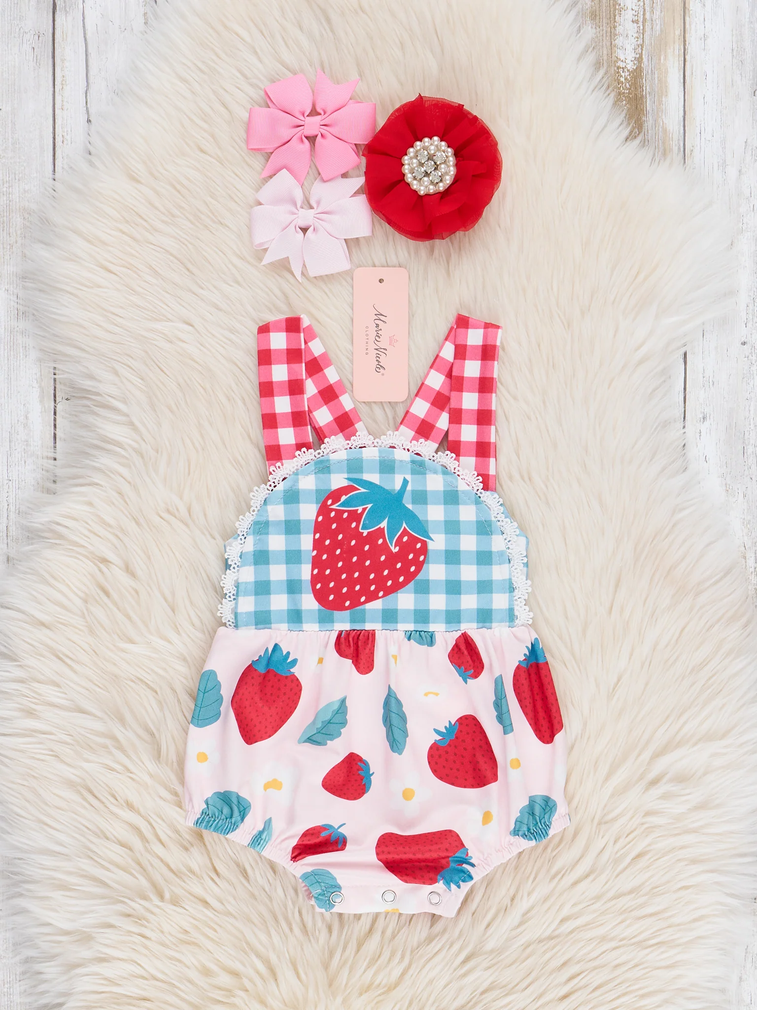 Gingham Strawberry Ruffle Bubble Romper