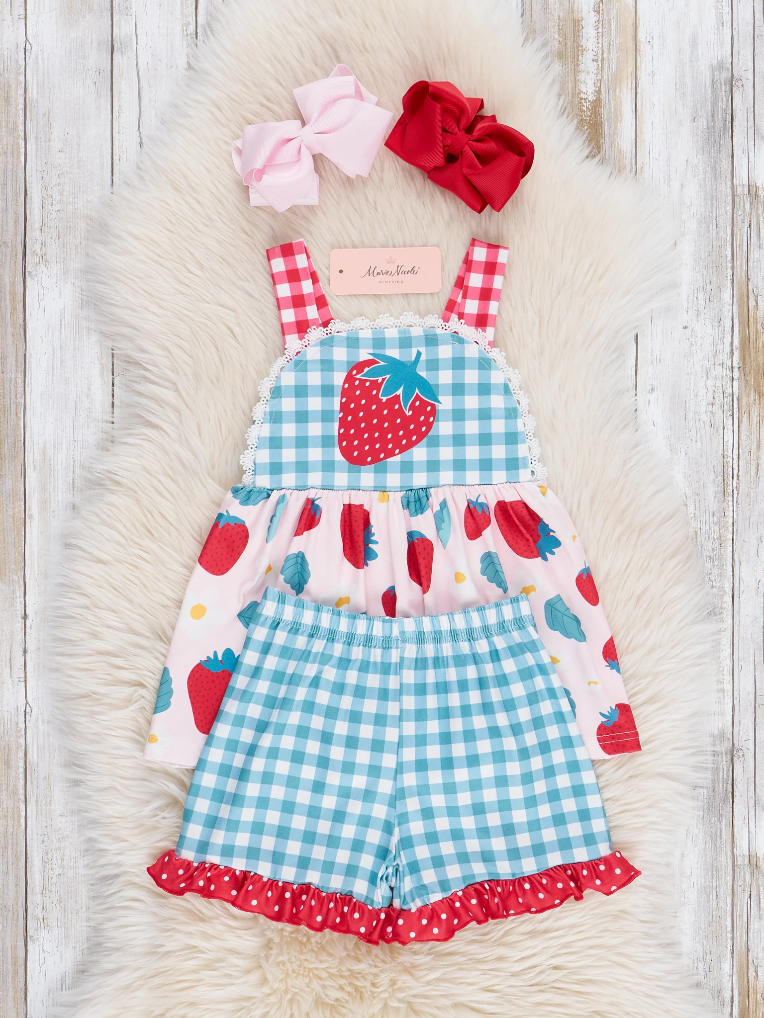 Gingham Strawberry Ruffle Outfit - Image 3