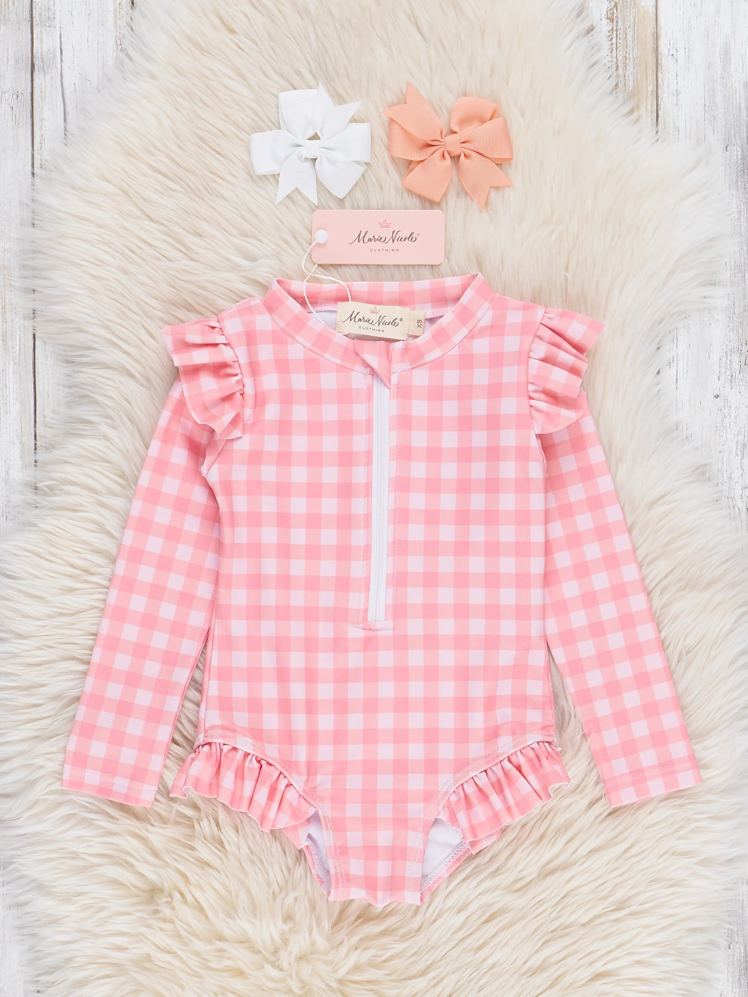 Gingham Zipper Rash Guard Swimsuit - Coral