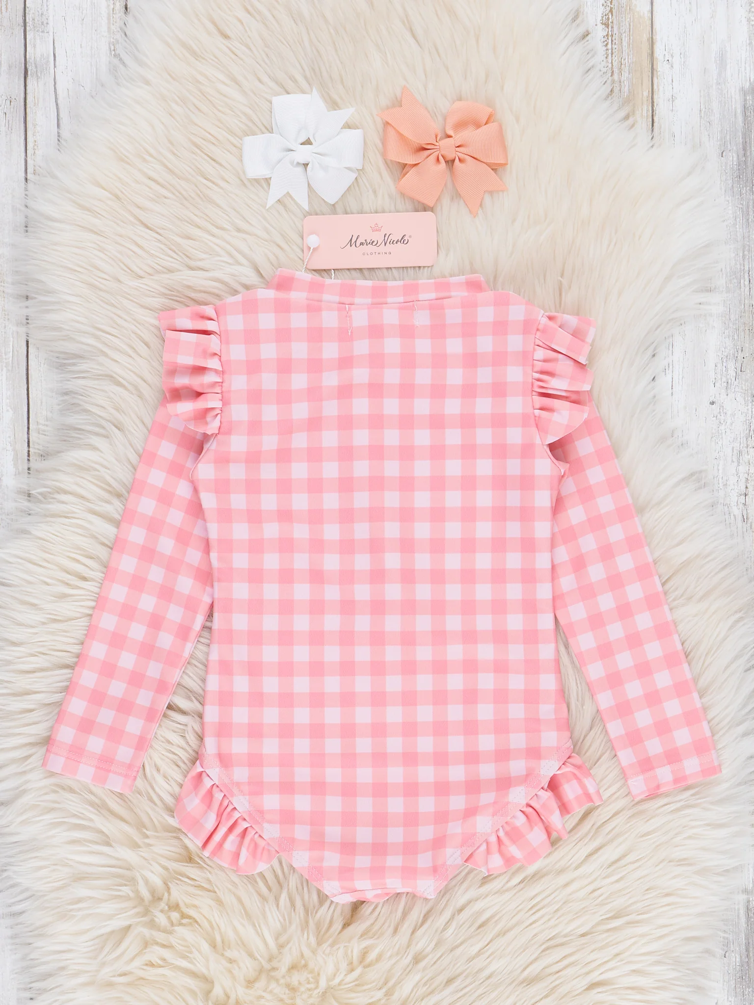 Gingham Zipper Rash Guard Swimsuit - Coral - Image 2