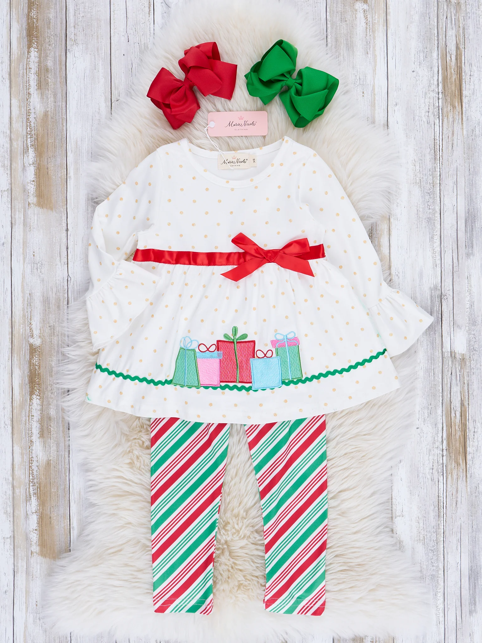 Gold Dots & Candy Stripe Embroidered Holiday Outfit