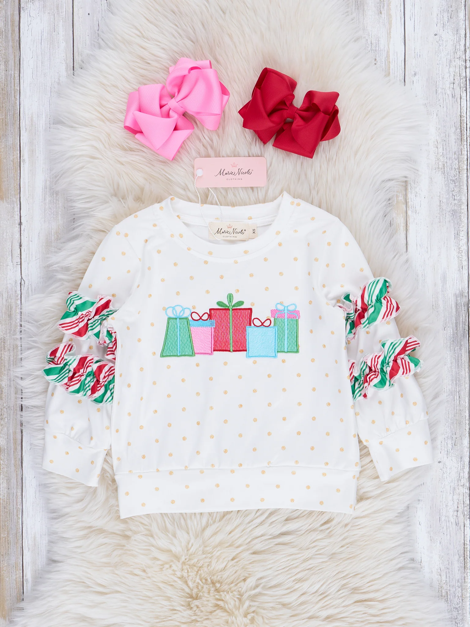 Gold Dots & Candy Stripe Embroidered Holiday Shirt