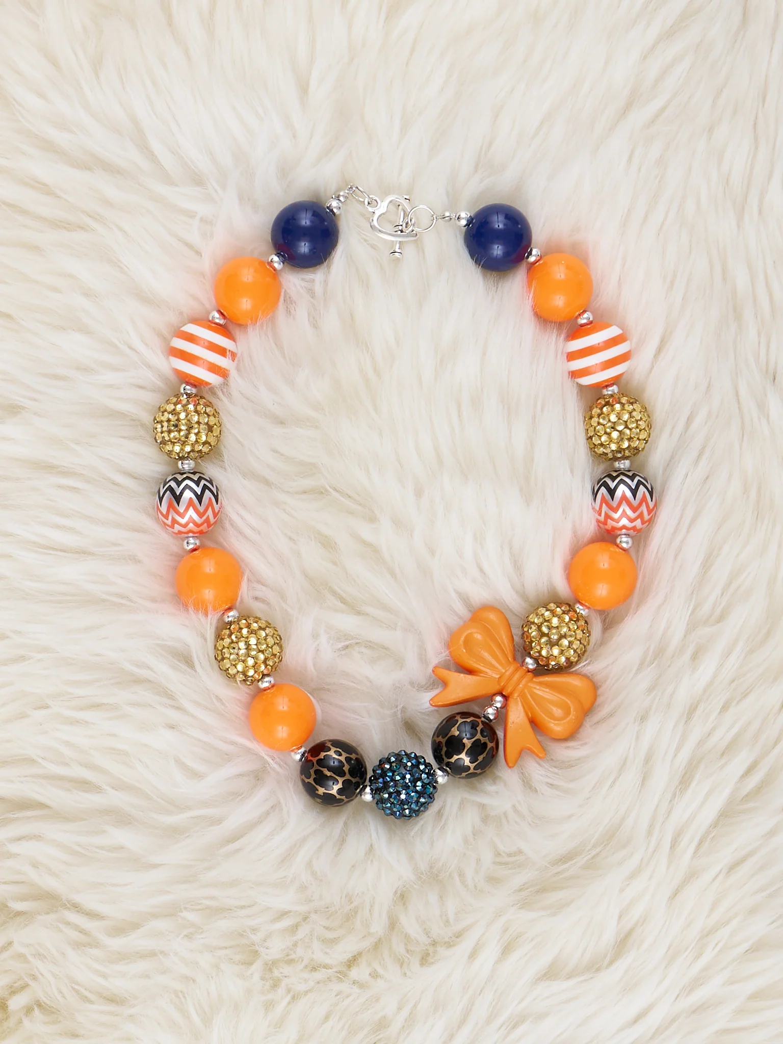 Gold & Orange Bow Charm Bubblegum Necklace