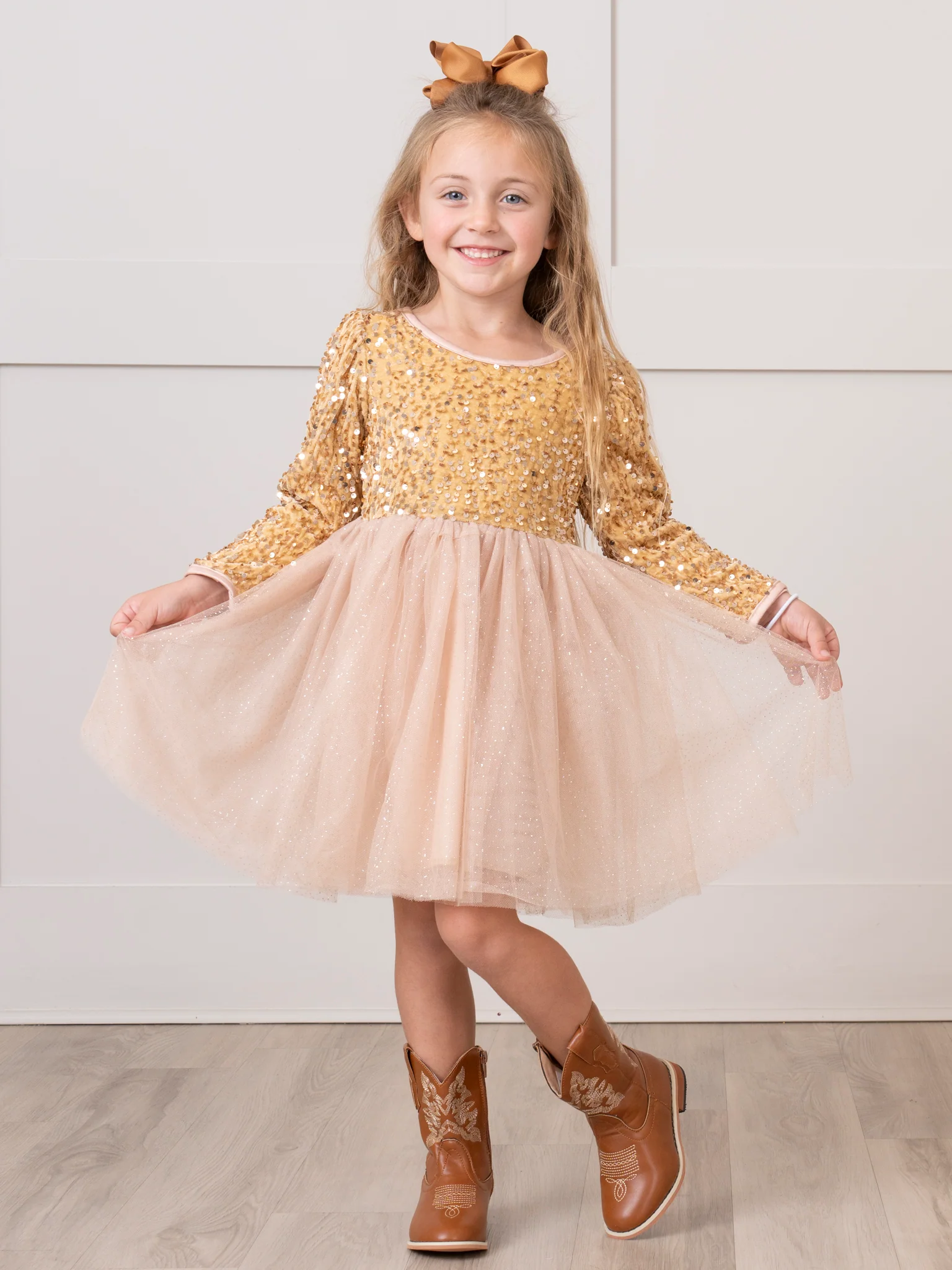 Gold Sparkle Party Long Sleeve Tulle Dress