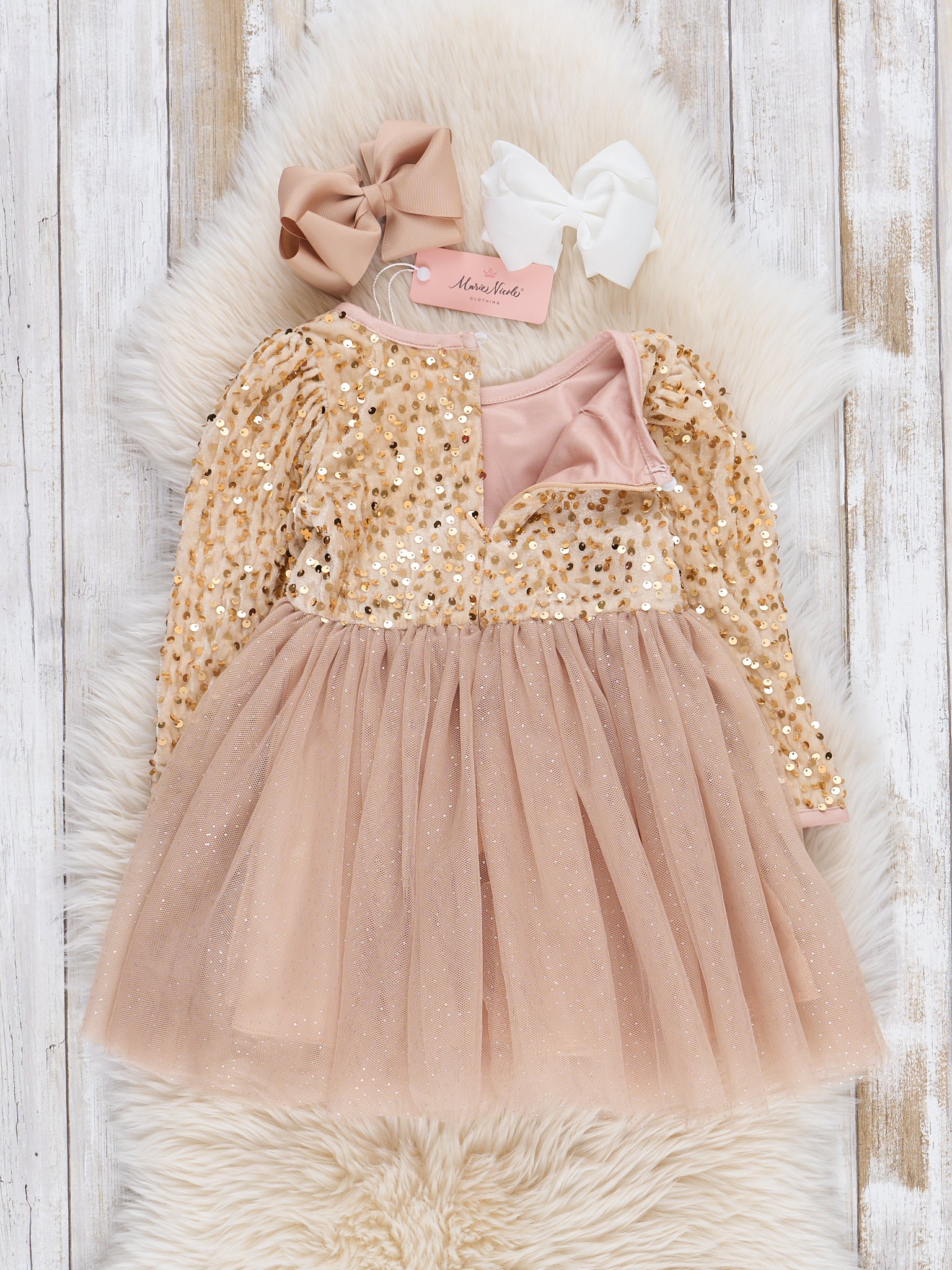 Gold Sparkle Party Long Sleeve Tulle Dress - Image 4